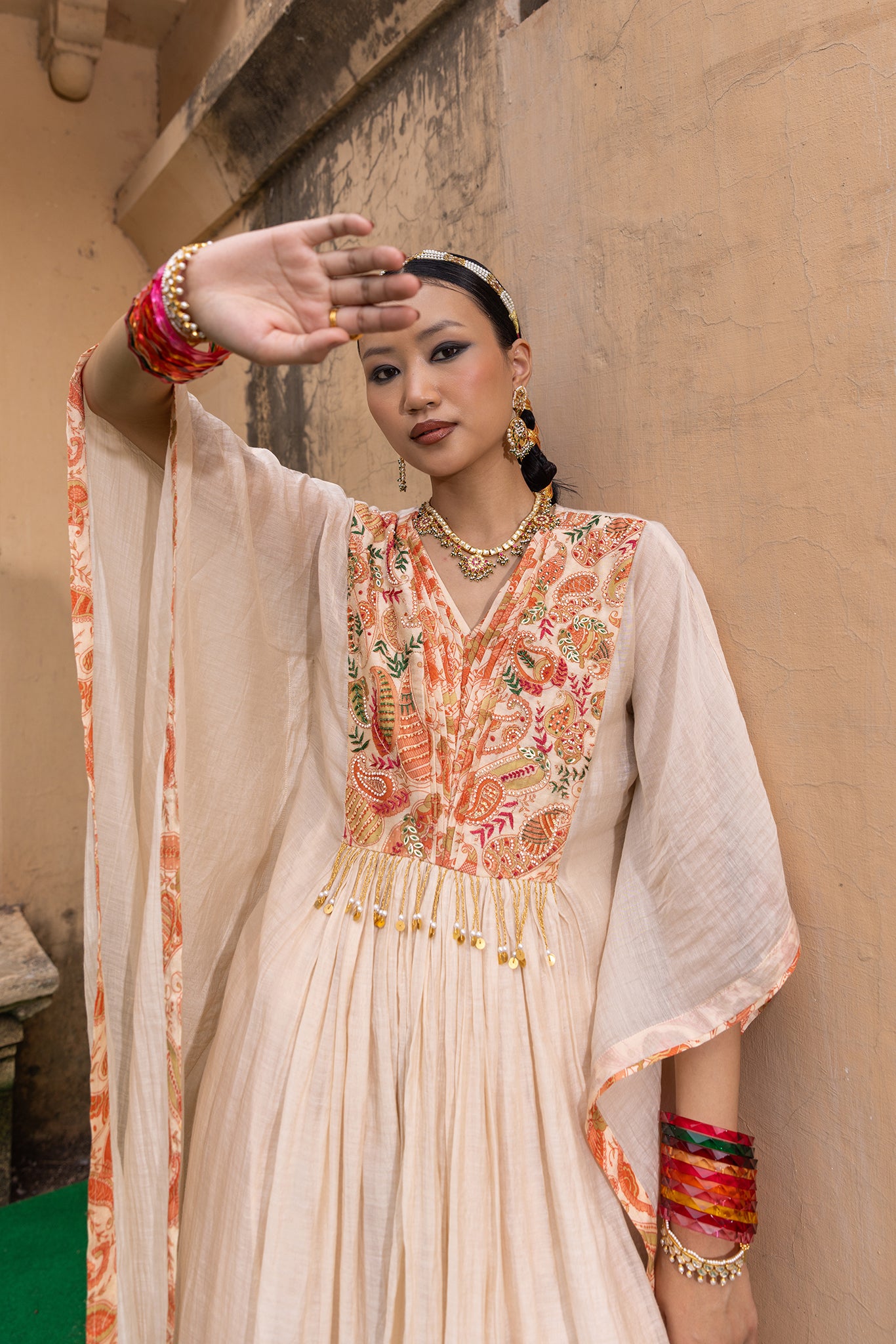 Ivory Paisley Embellished Kaftan Set