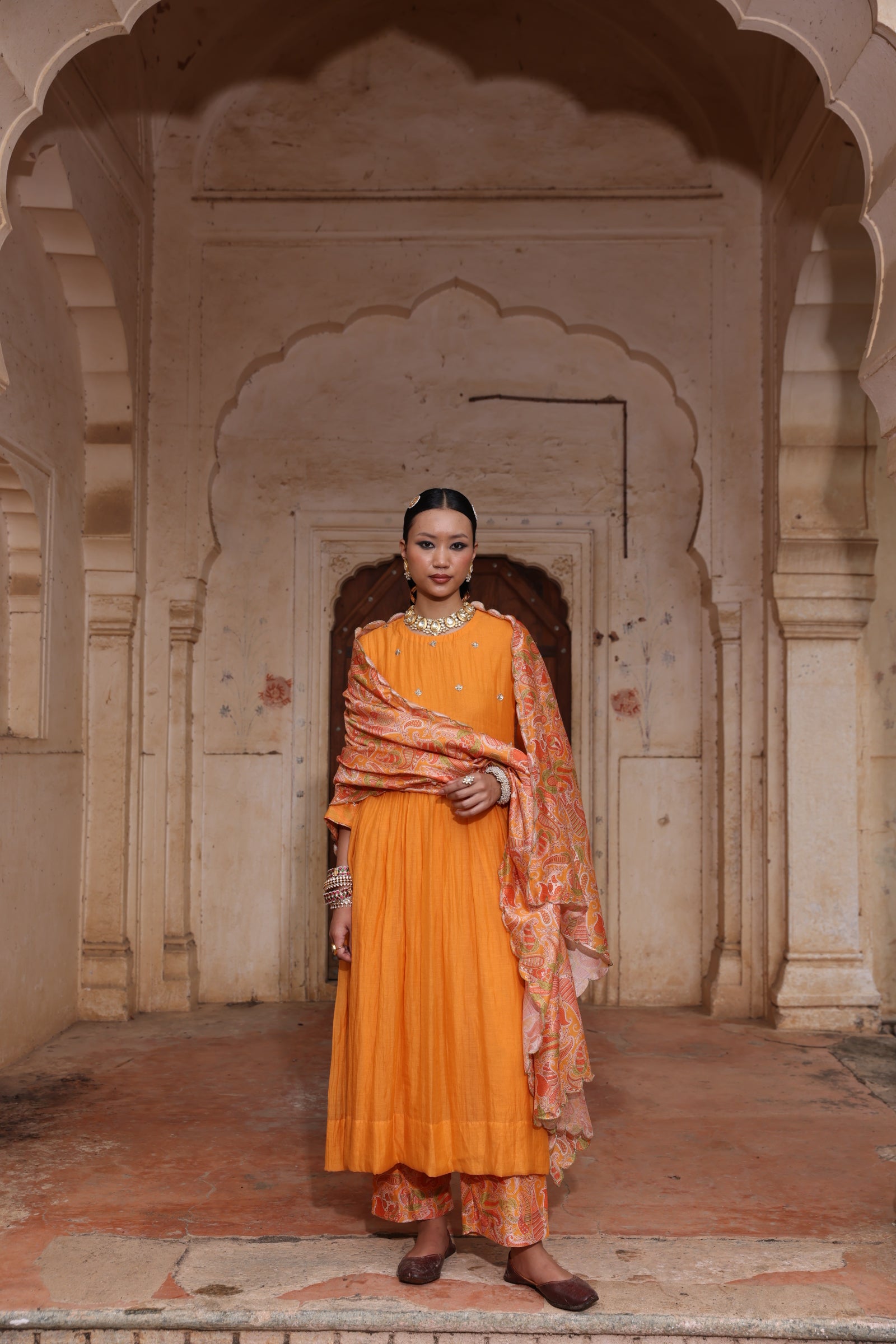 Tangerine Mul Chanderi Set