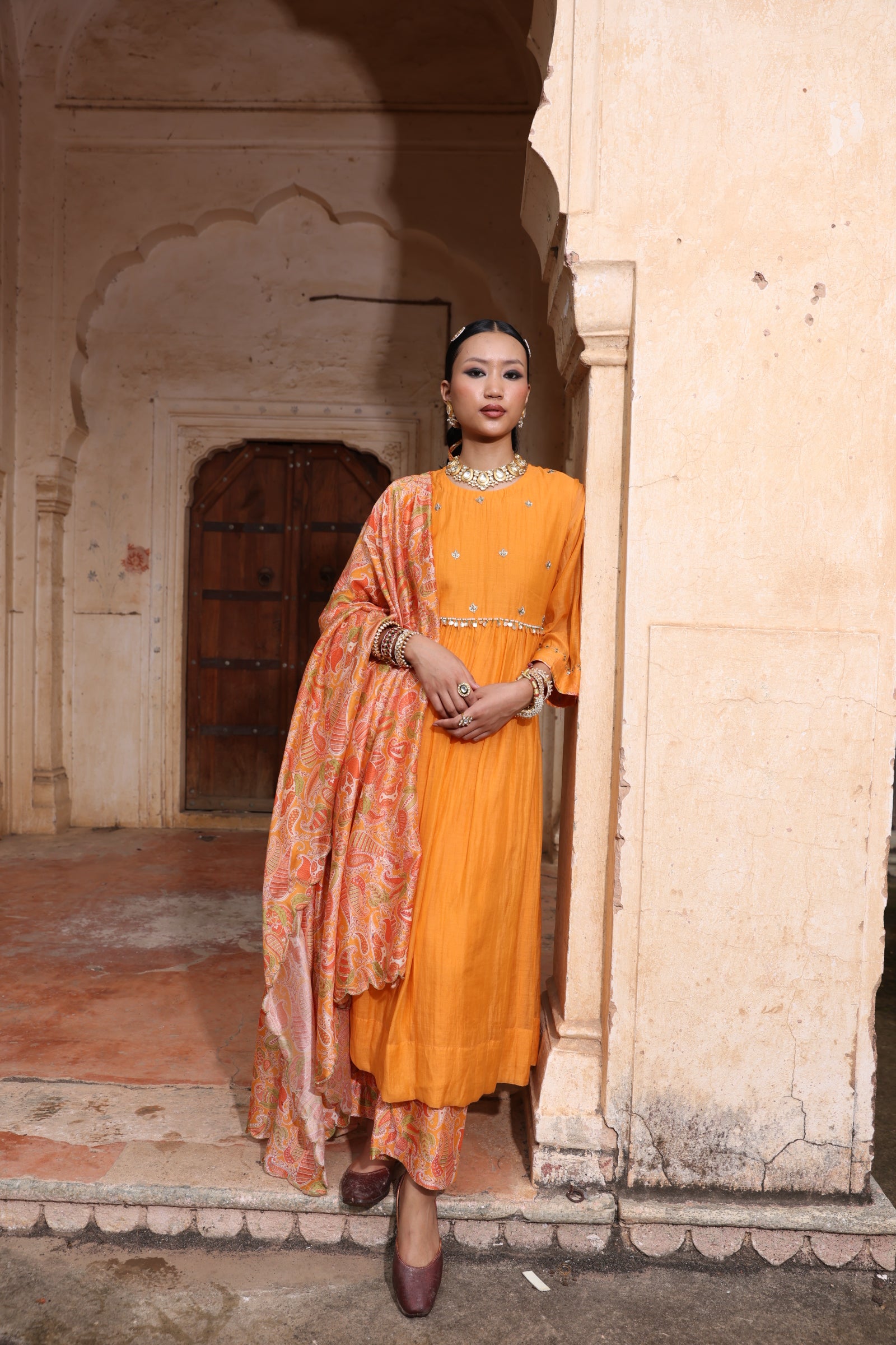 Tangerine Mul Chanderi Set
