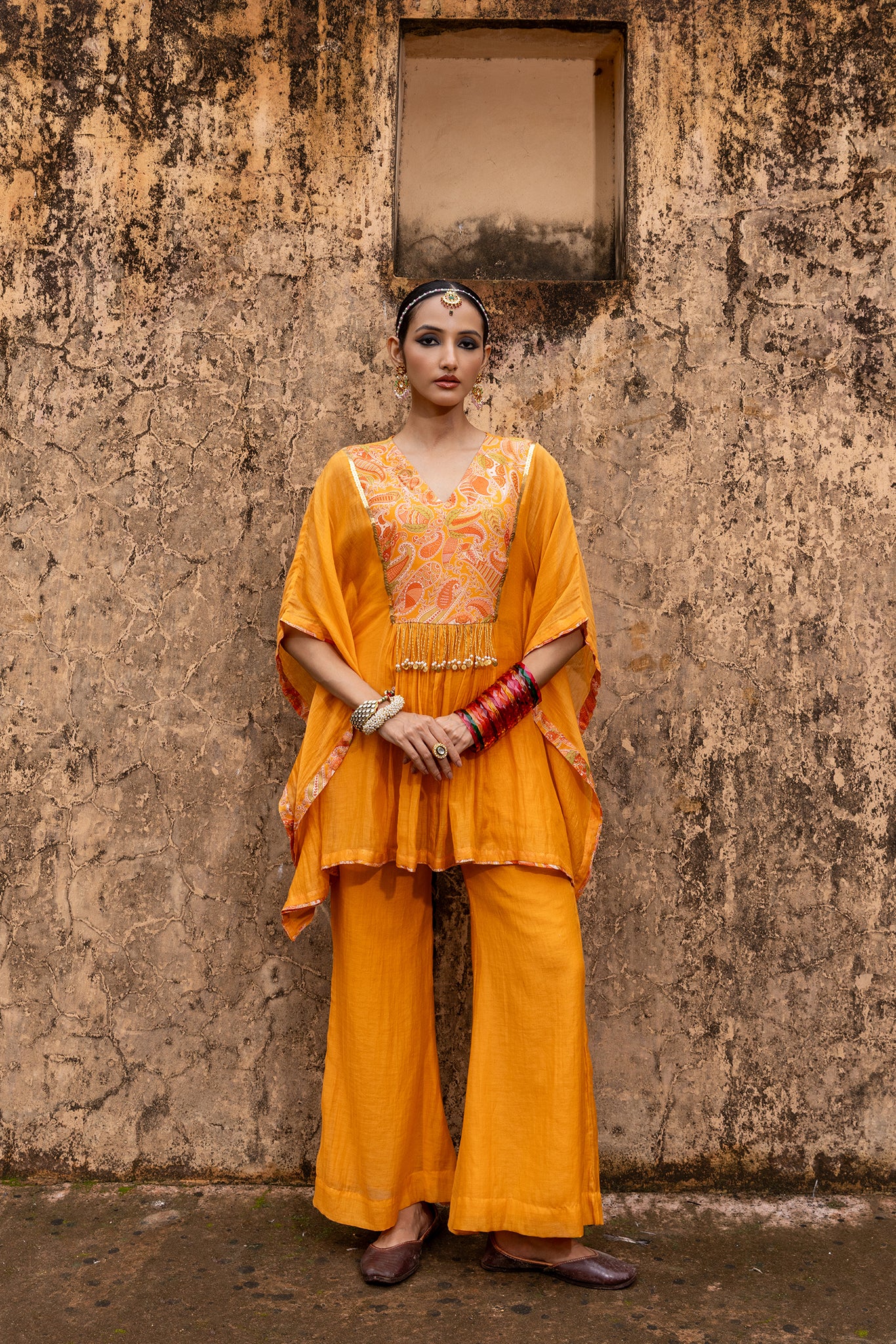 paisley tangerine short kaftan set