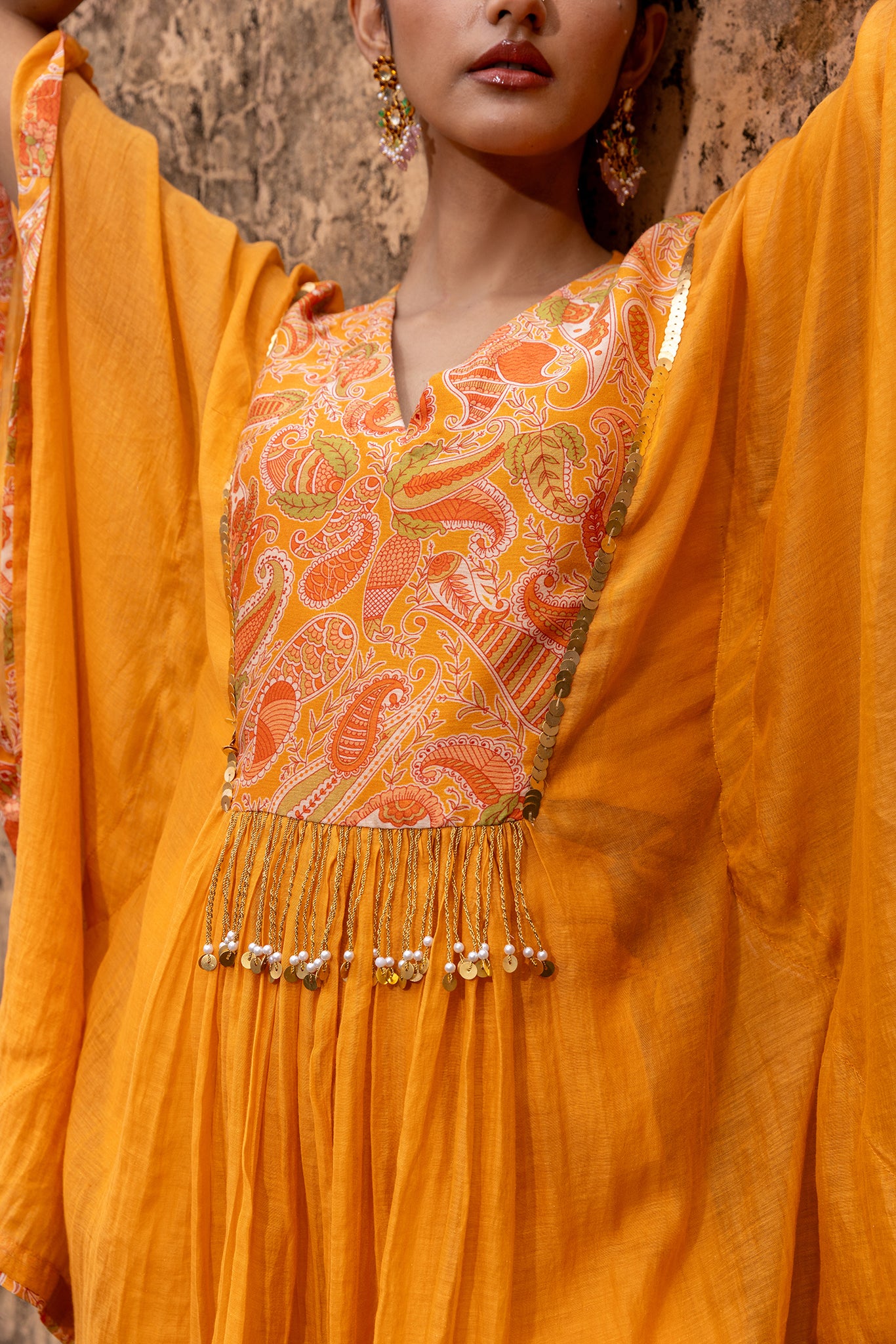 paisley tangerine short kaftan set