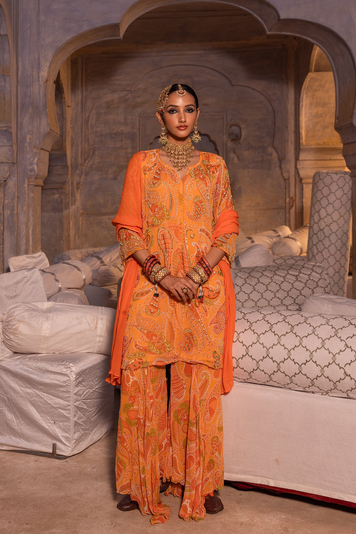 Paisley embellished sharara set- 3pcs