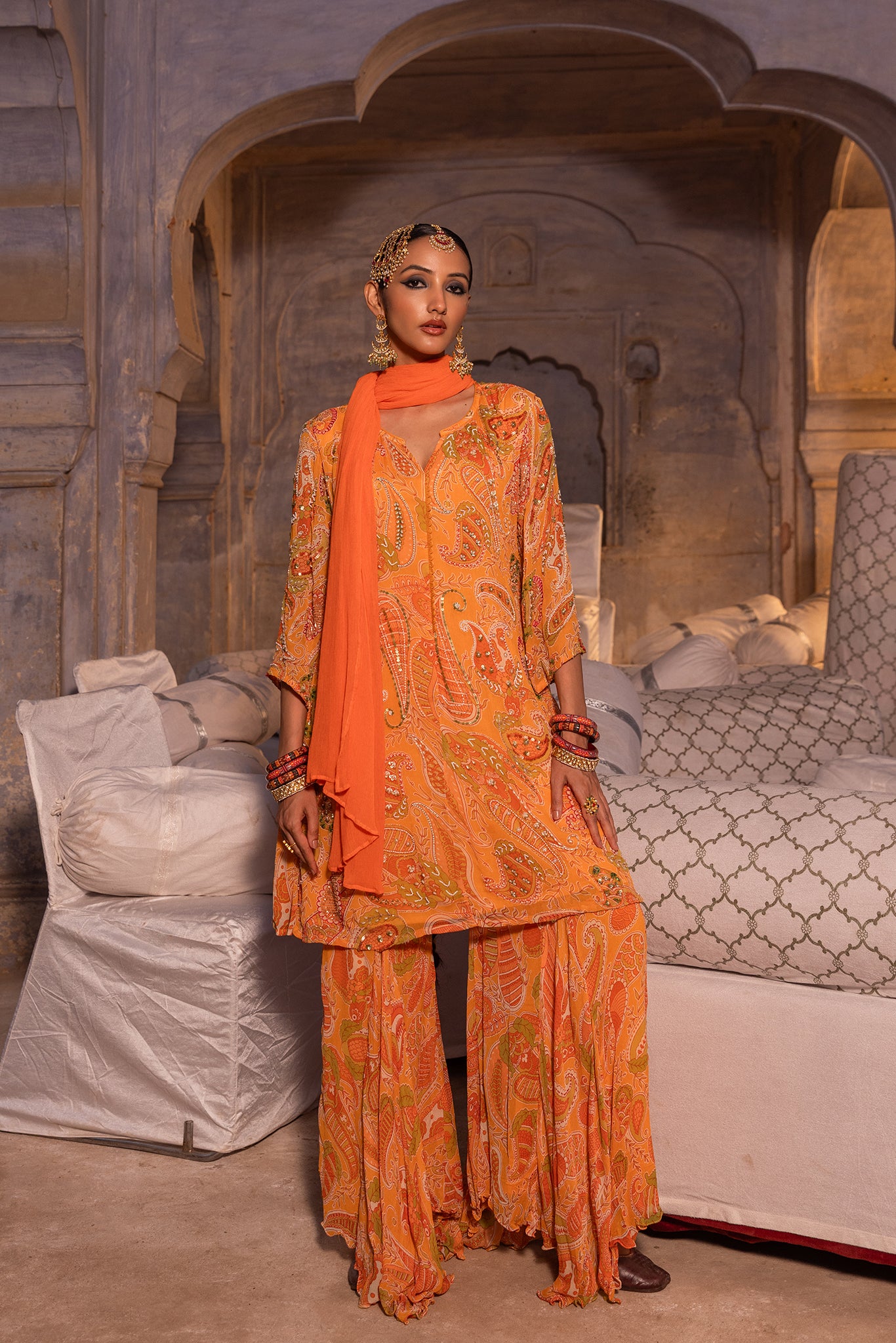 Paisley embellished sharara set- 3pcs