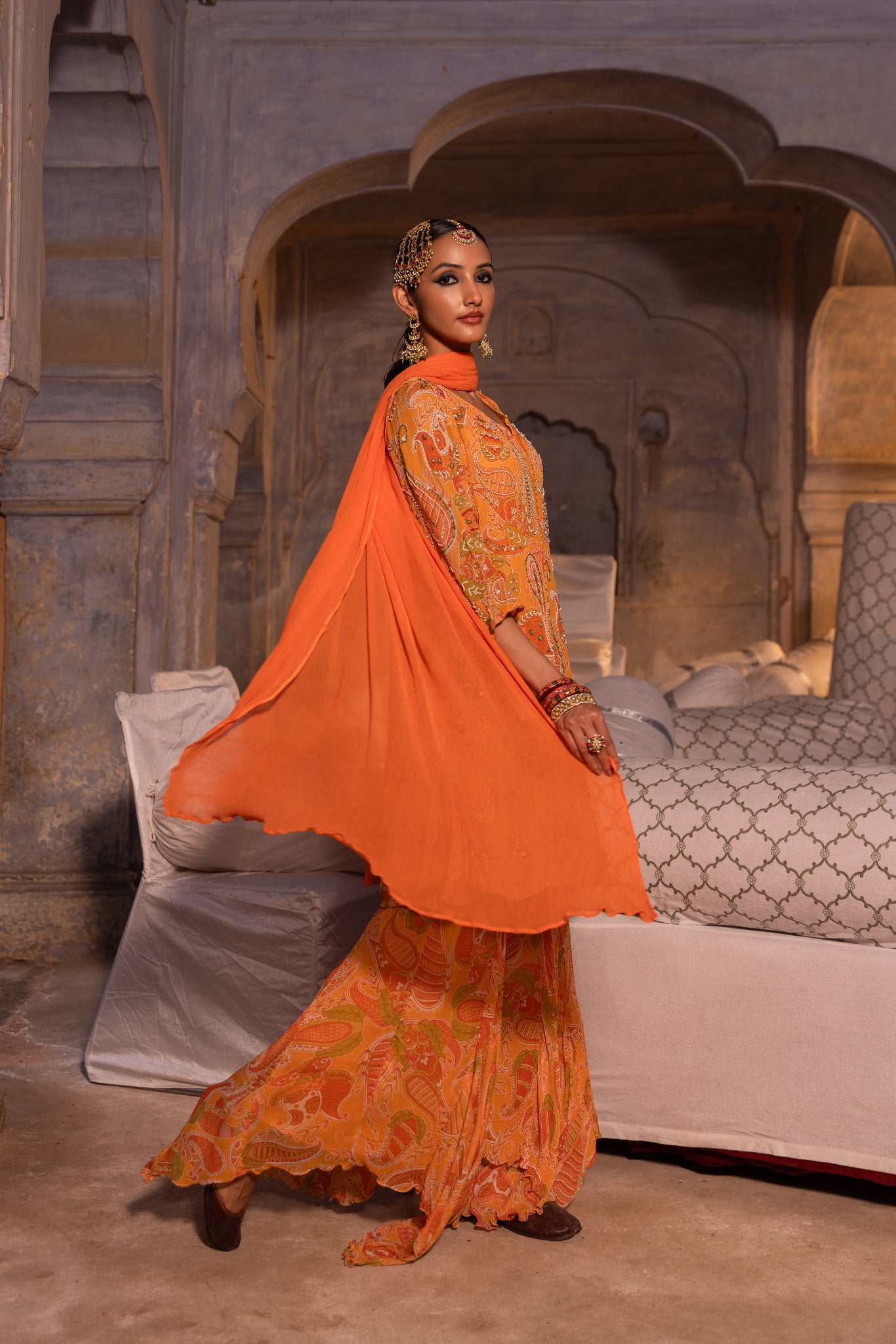 Paisley embellished sharara set- 3pcs