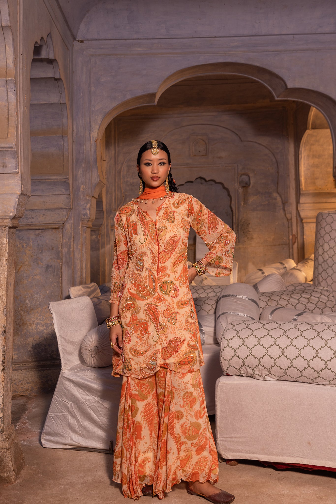 Paisley ivory embellished sharara set- 3pcs