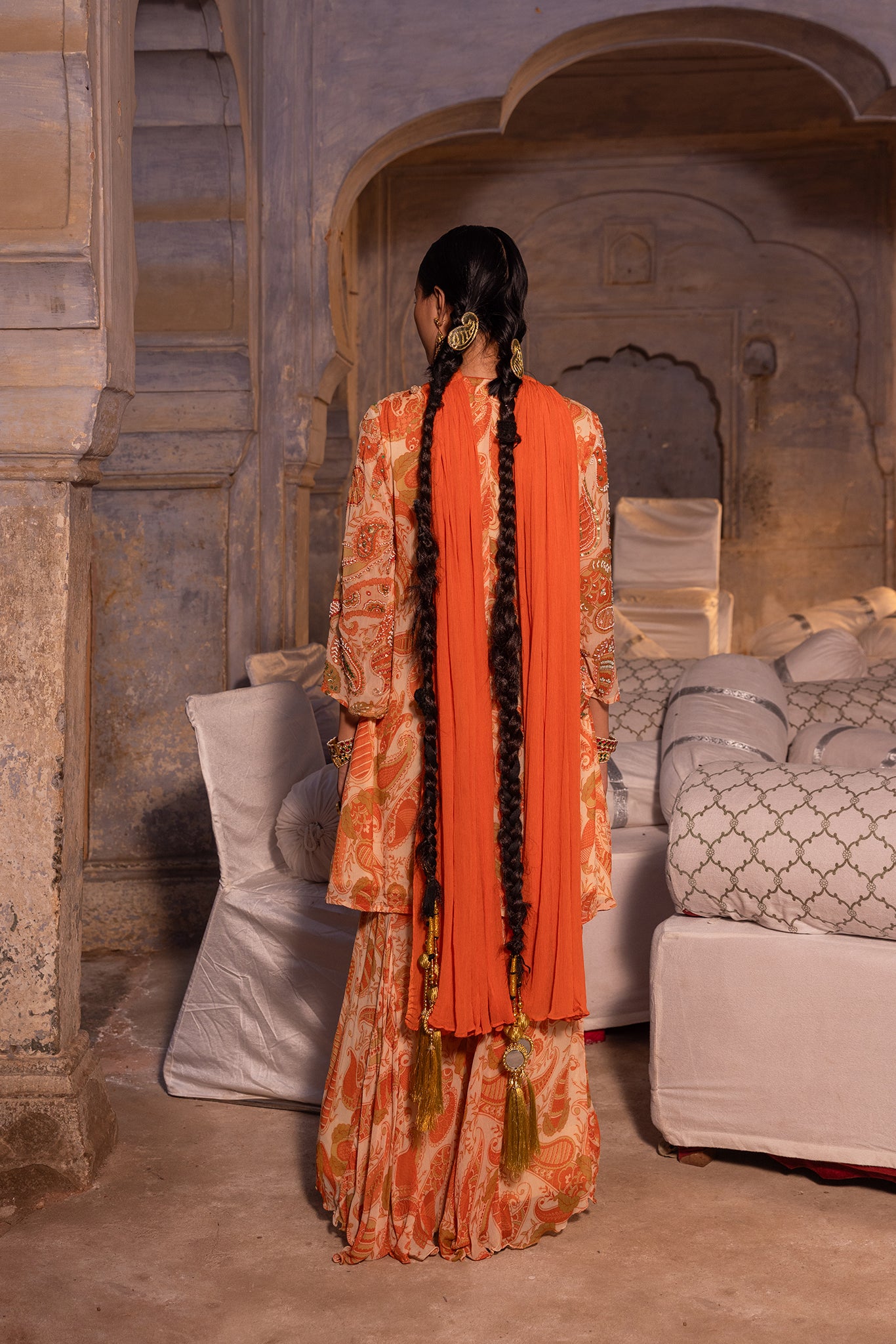 Paisley ivory embellished sharara set- 3pcs
