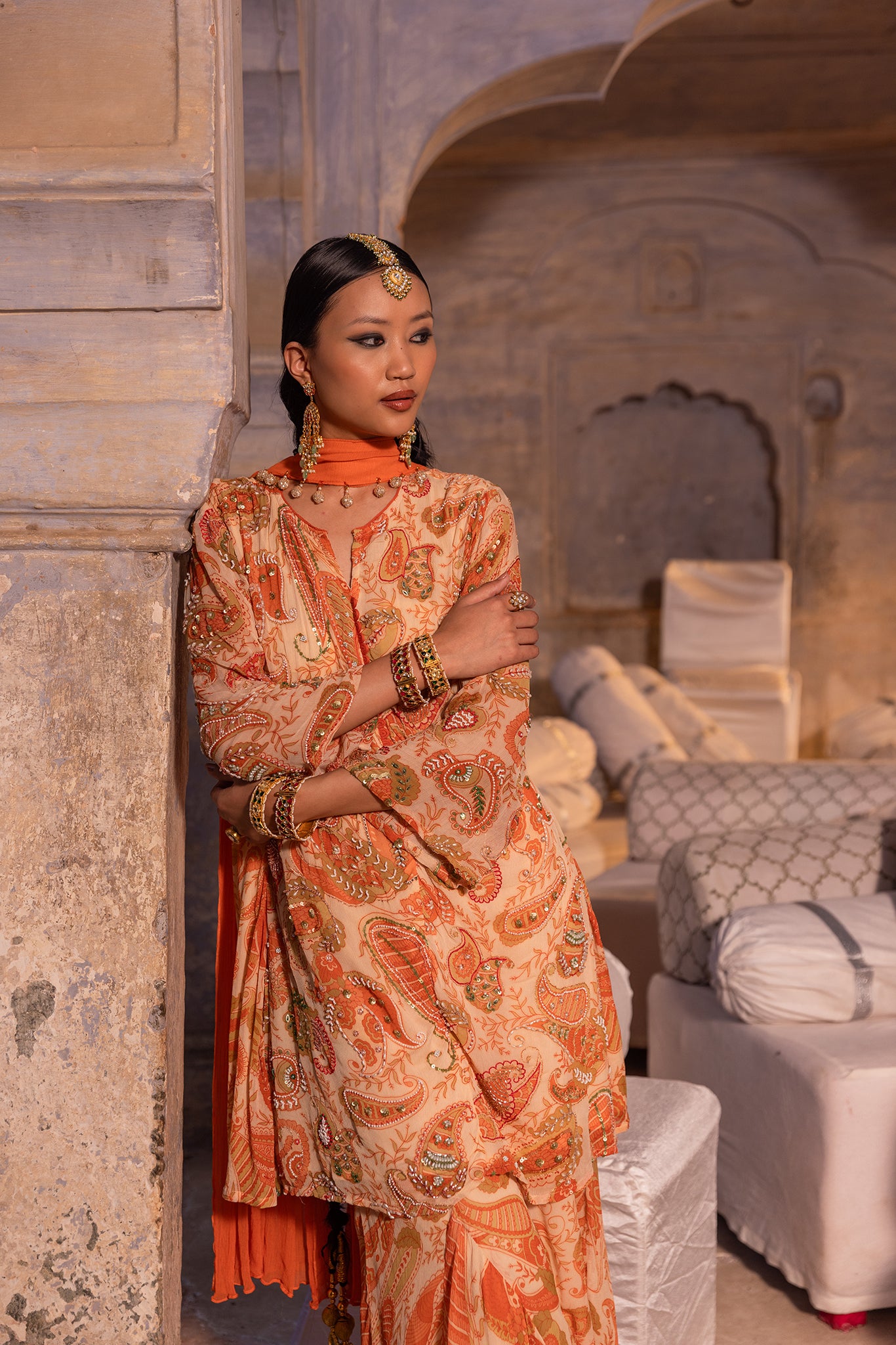 Paisley ivory embellished sharara set- 3pcs