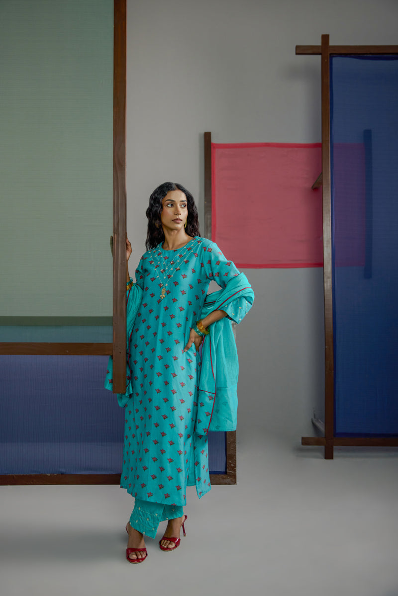 Afsana Turquoise Neck Work Kurta set