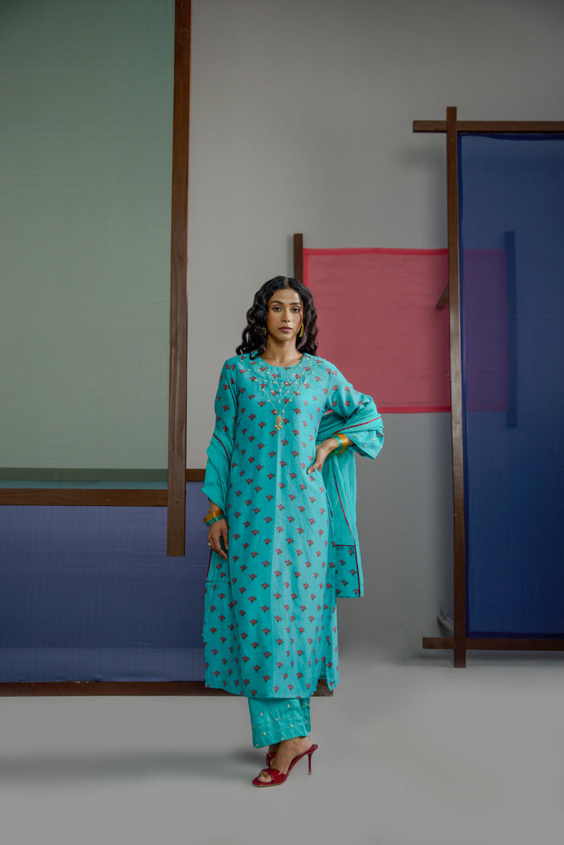 Afsana Turquoise Neck Work Kurta set