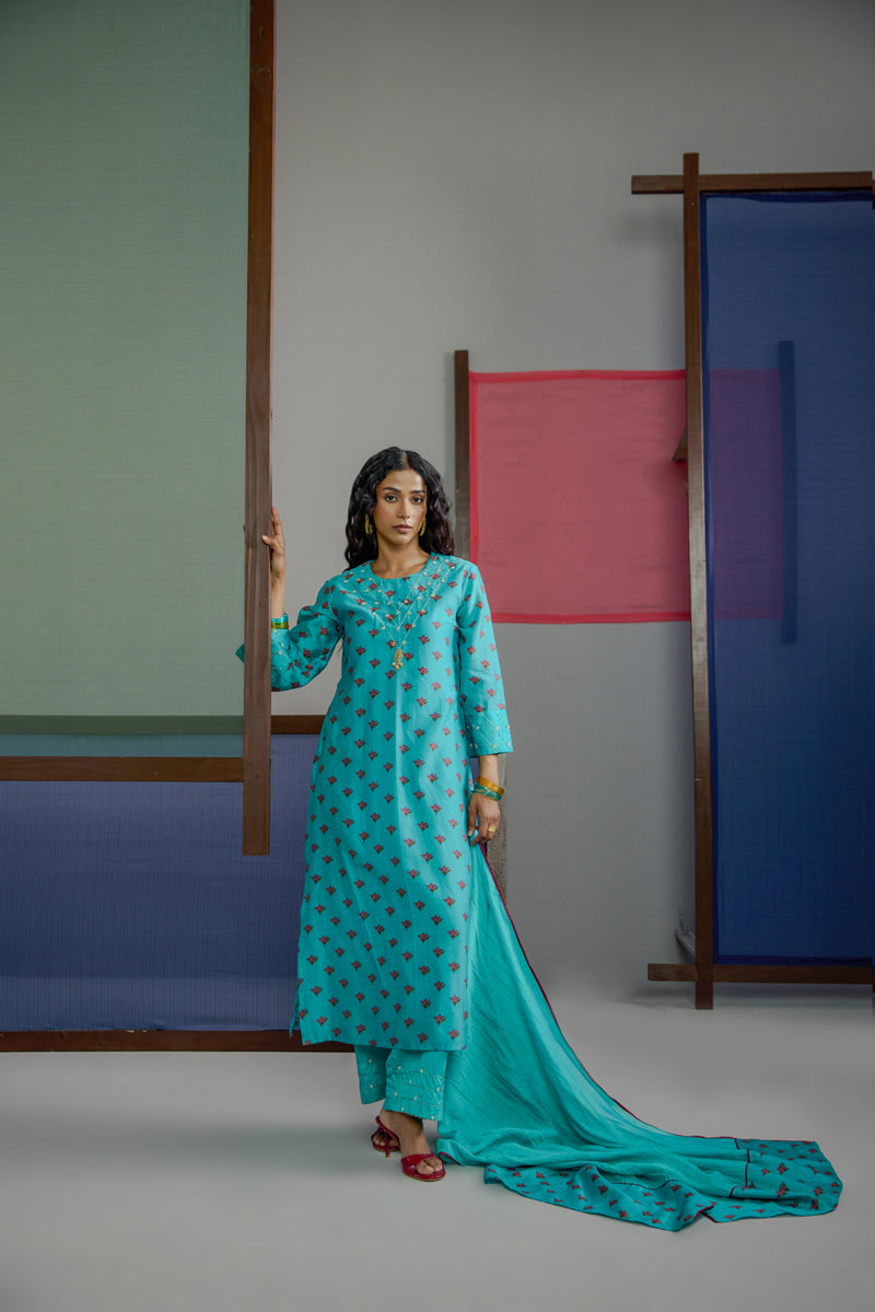 Afsana Turquoise Neck Work Kurta set
