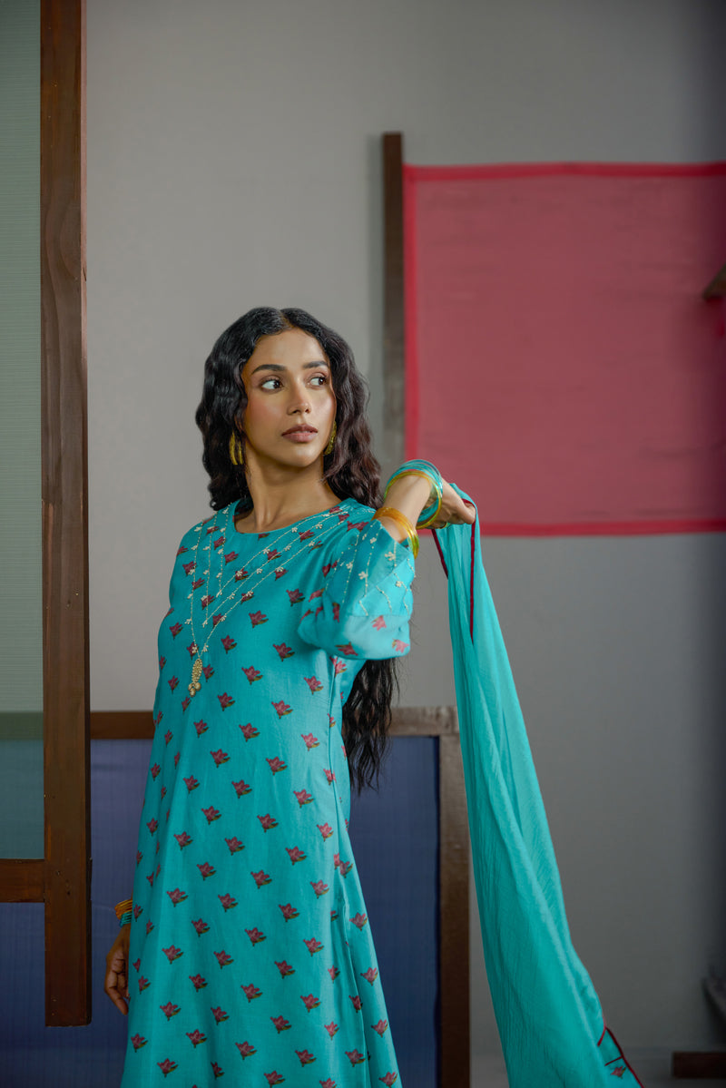 Afsana Turquoise Neck Work Kurta set