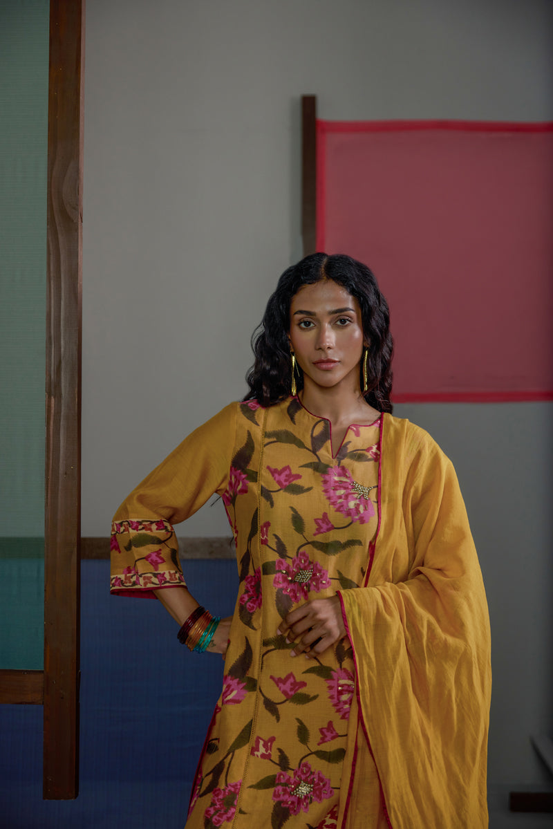 Abstract Mustard Floral Kurta Set