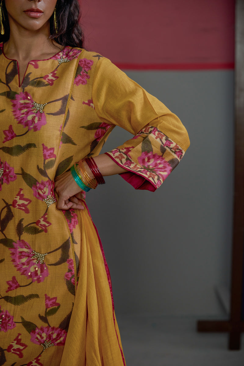 Abstract Mustard Floral Kurta Set