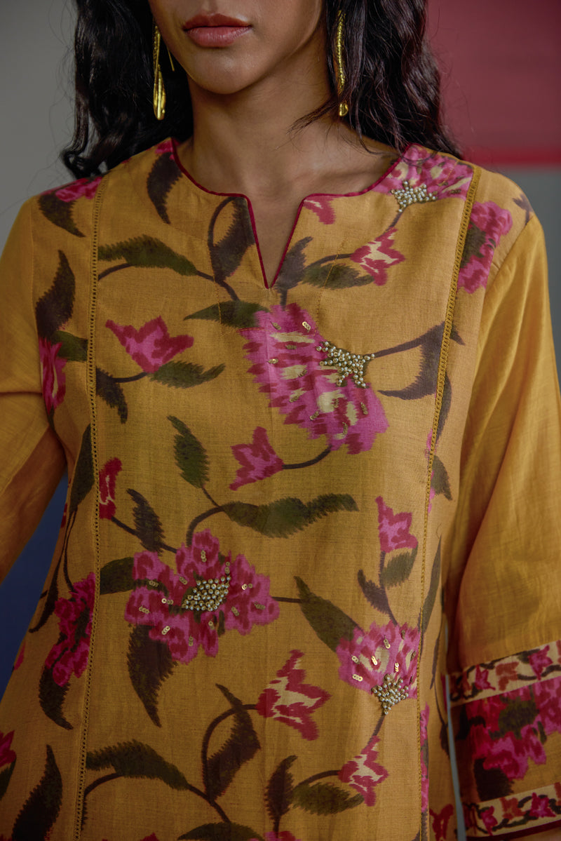 Abstract Mustard Floral Kurta Set