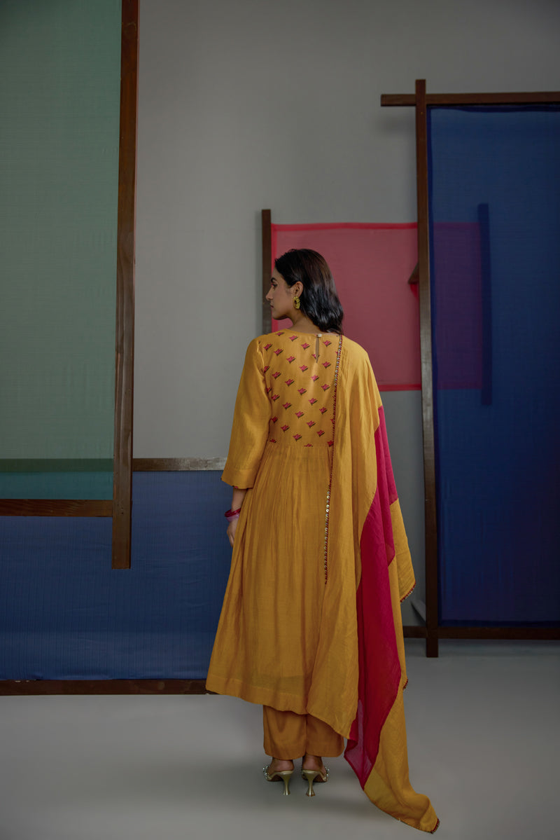 Mustard Buti Gather Kurta Set