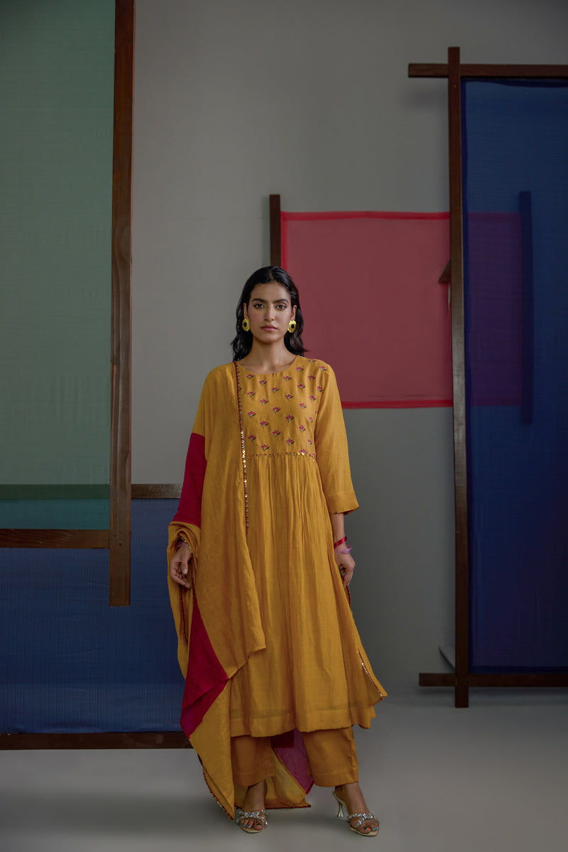 Mustard Buti Gather Kurta Set