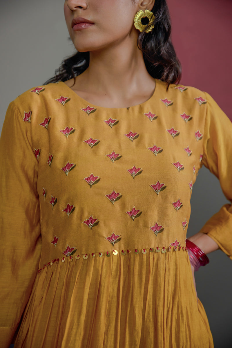 Mustard Buti Gather Kurta Set
