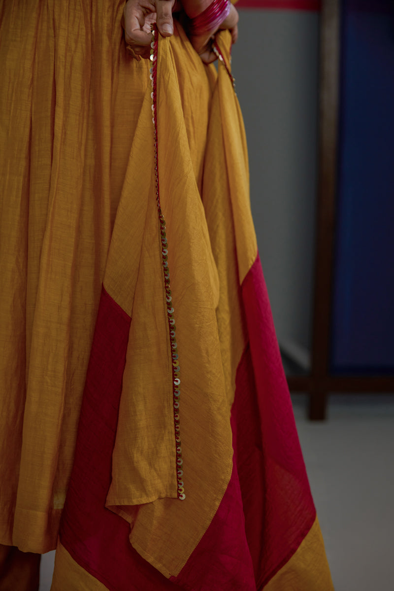 Mustard Buti Gather Kurta Set