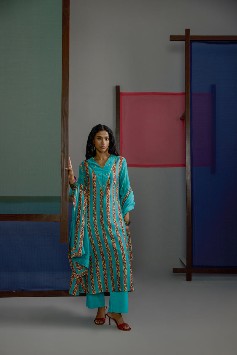 Afsana Turquoise Stripe Kurta Set