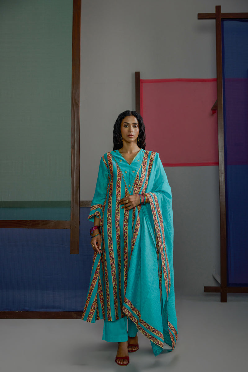 Afsana Turquoise Stripe Kurta Set