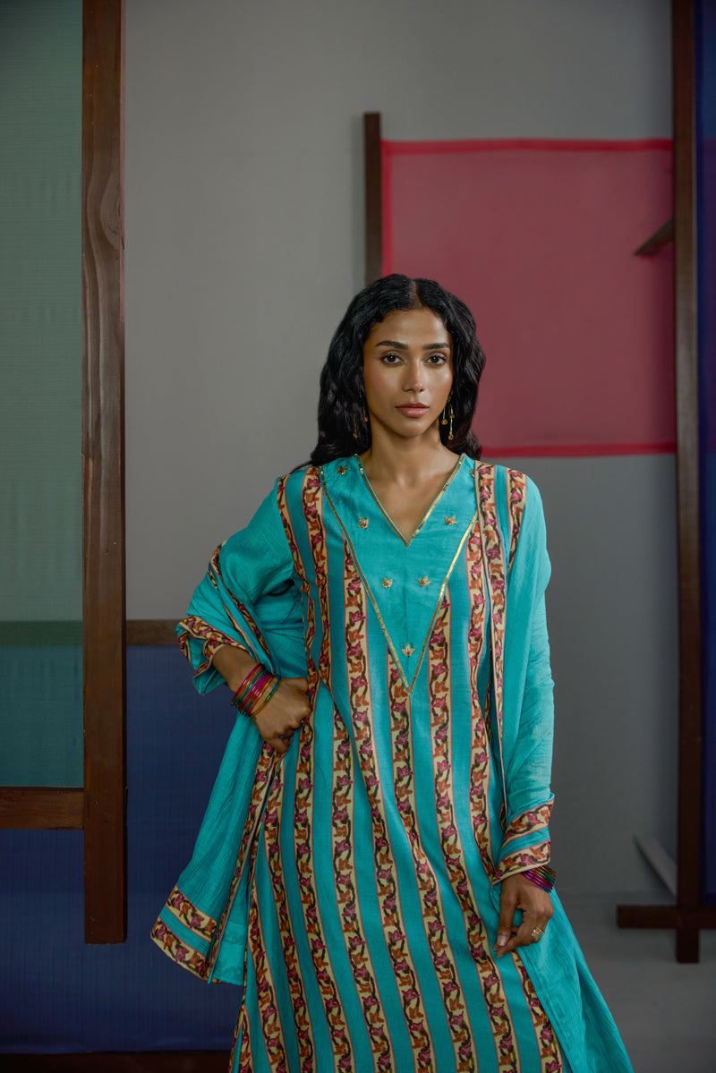 Afsana Turquoise Stripe Kurta Set
