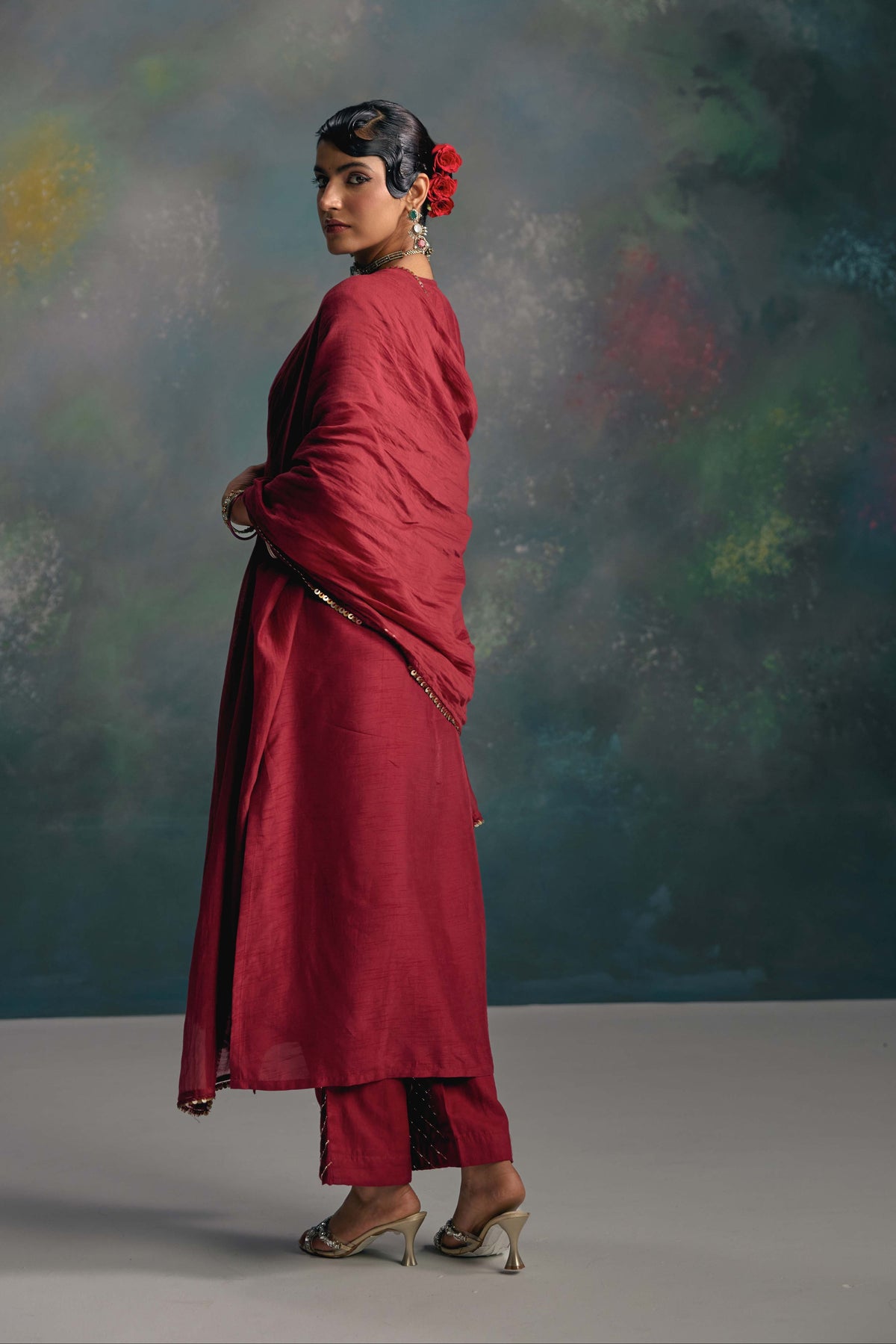 Aks Maroon Yoke Kurta Set