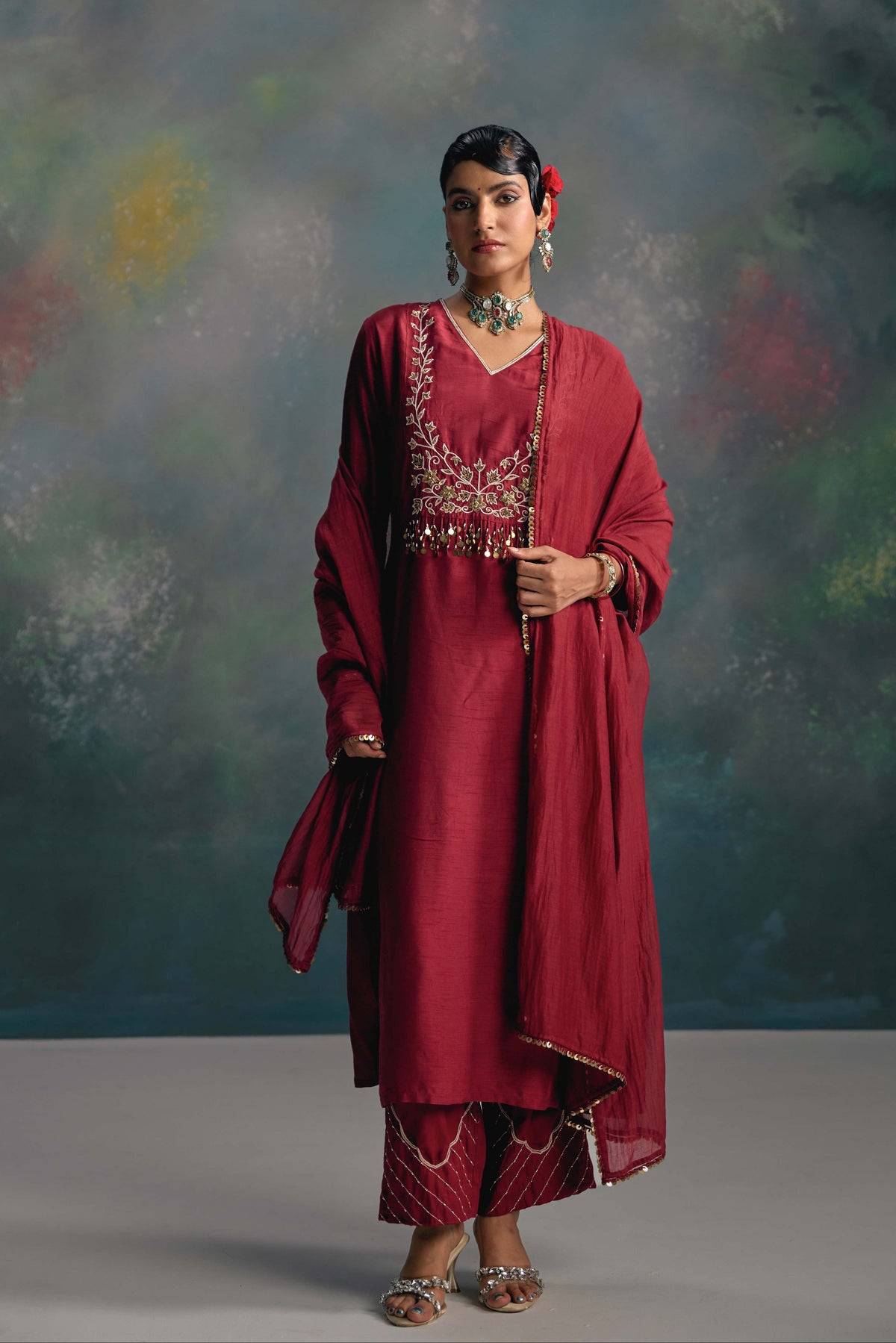 Aks Maroon Yoke Kurta Set