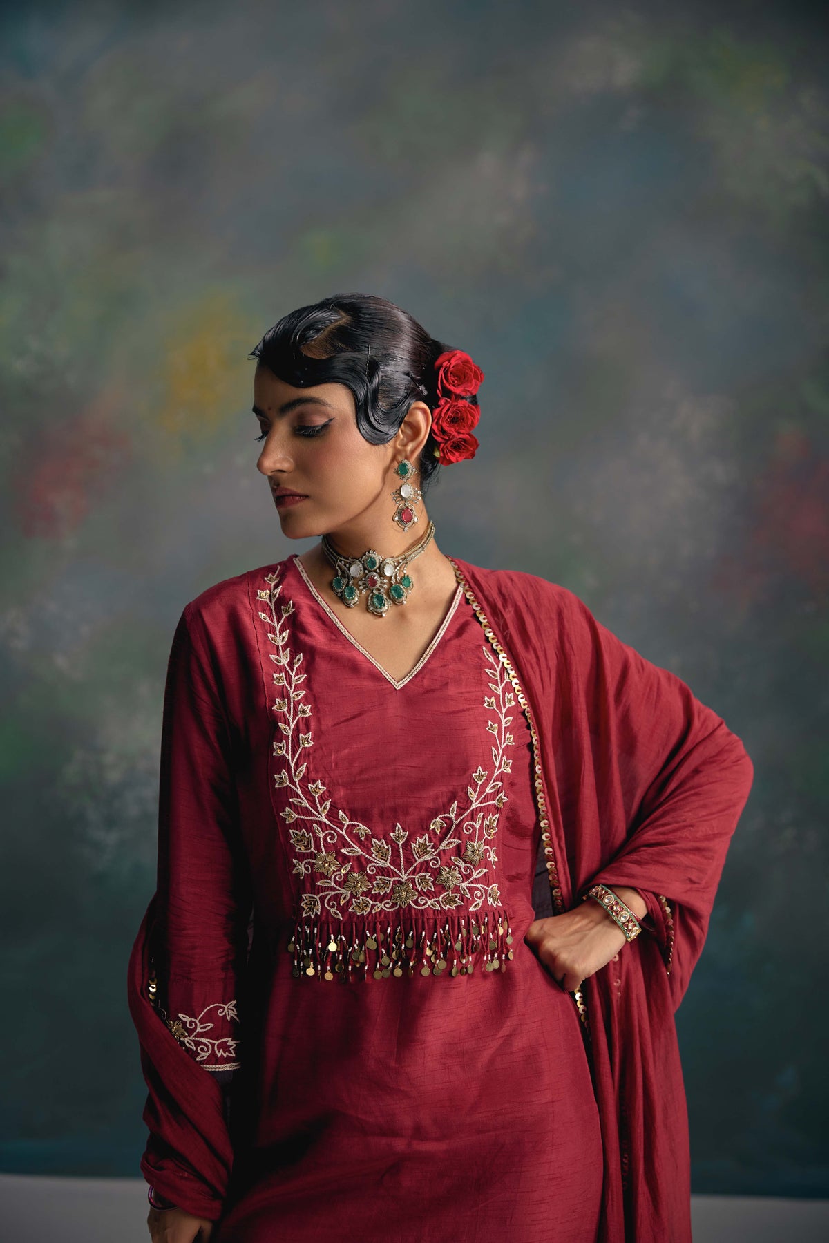 Aks Maroon Yoke Kurta Set