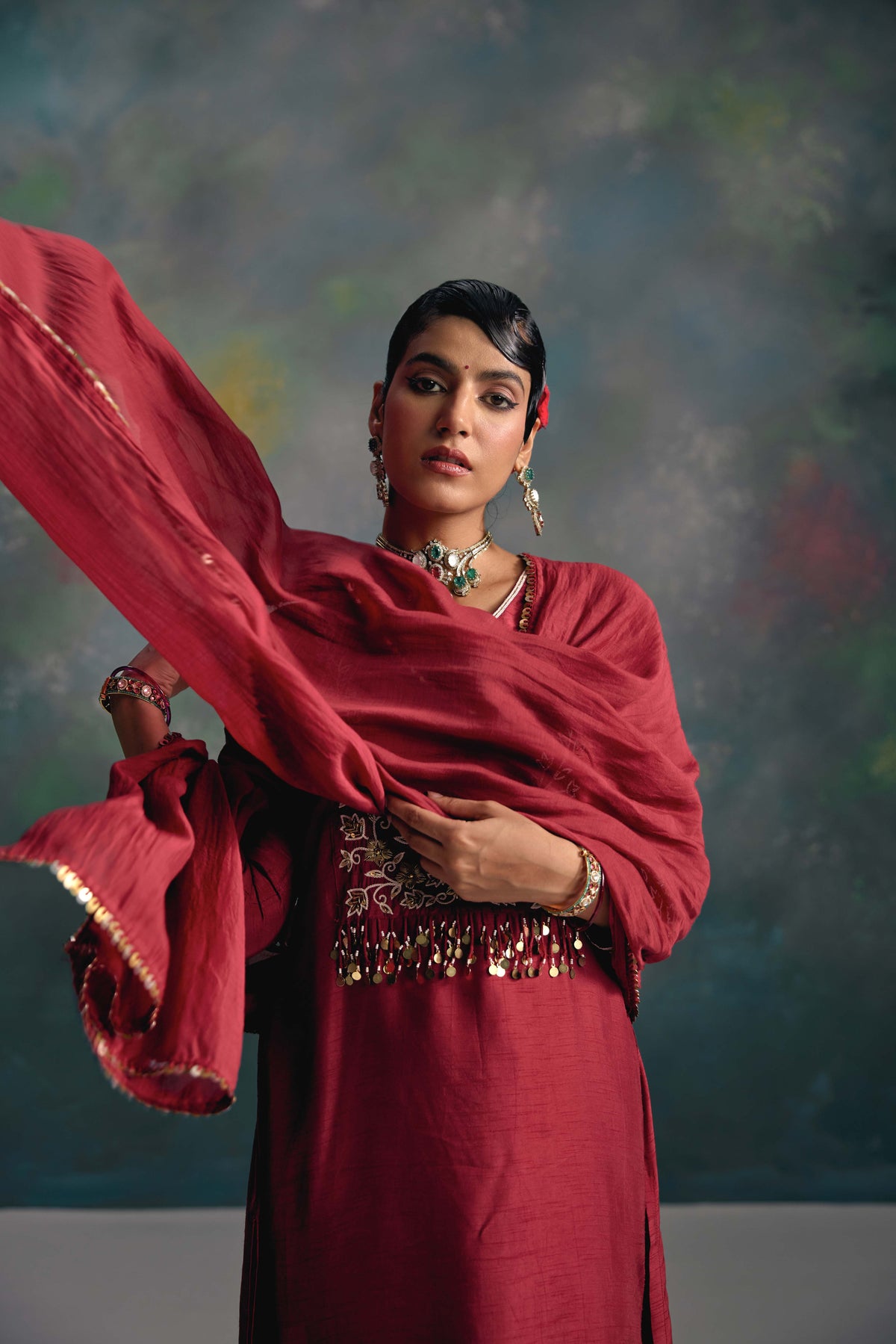 Aks Maroon Yoke Kurta Set