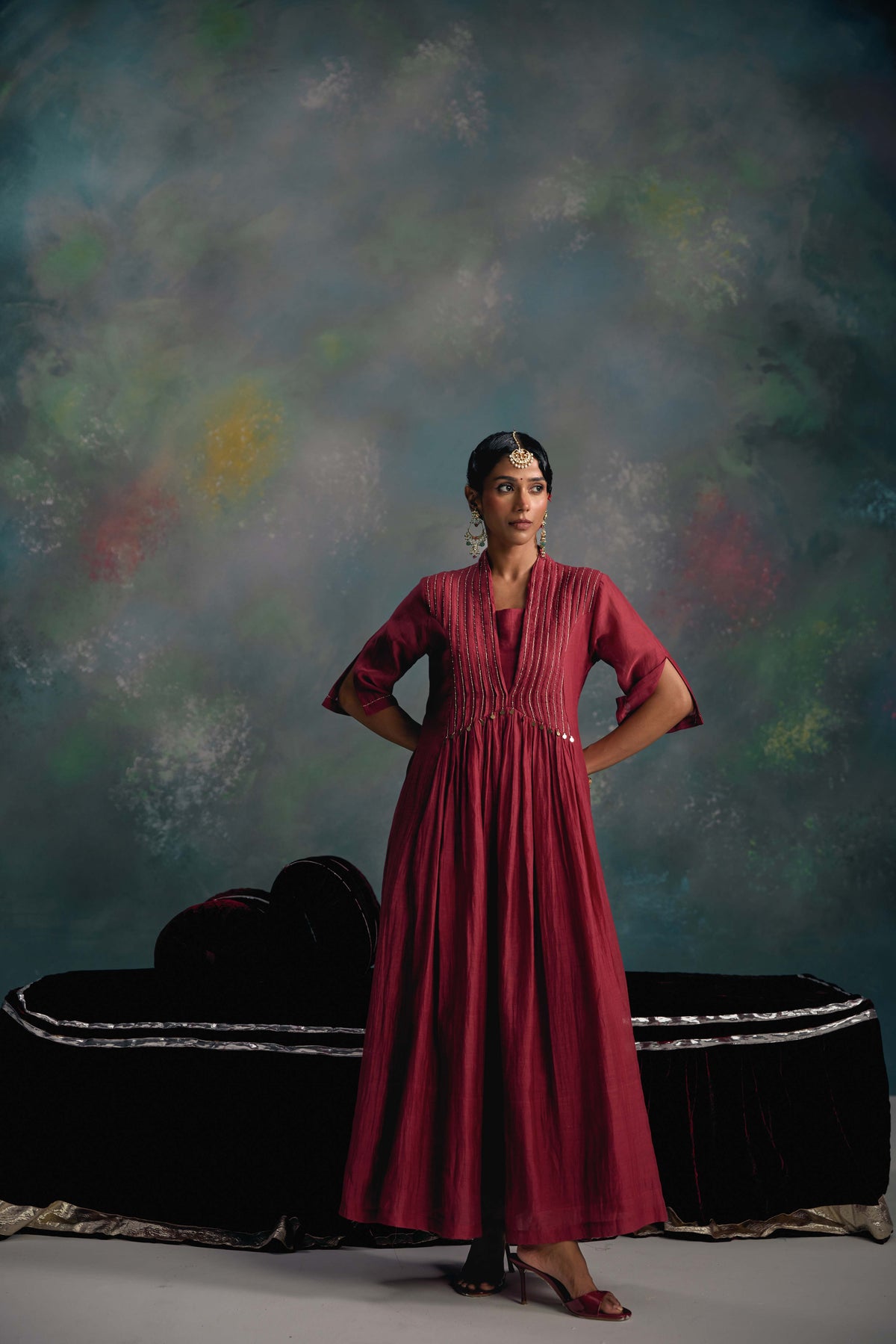 Aks Maroon Pleated Dress