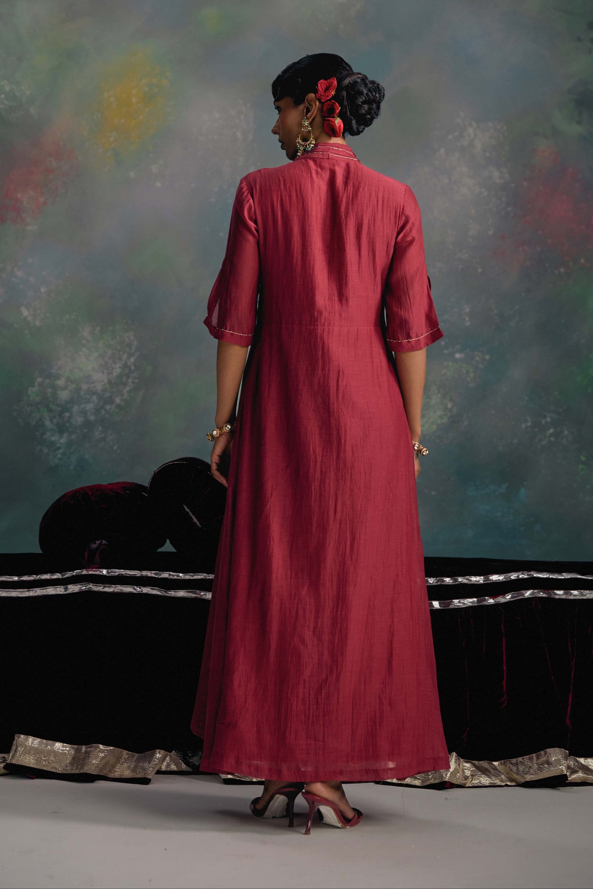 Aks Maroon Pleated Dress