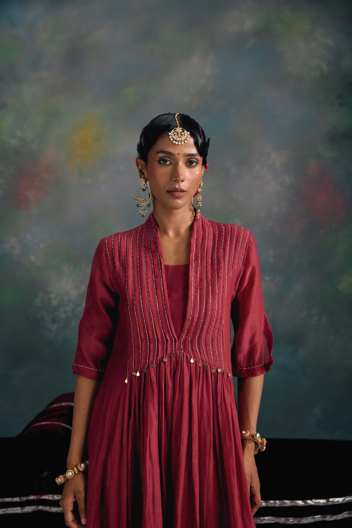 Aks Maroon Pleated Dress