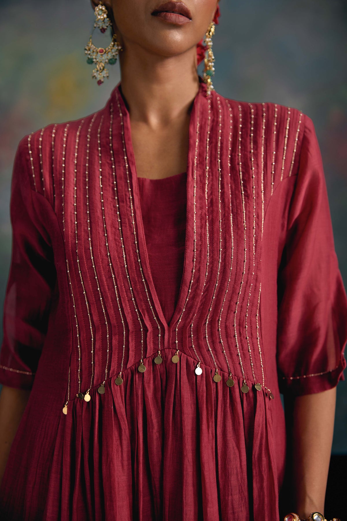 Aks Maroon Pleated Dress