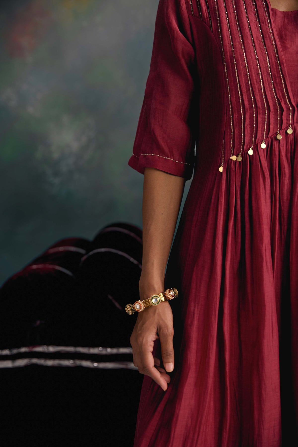 Aks Maroon Pleated Dress
