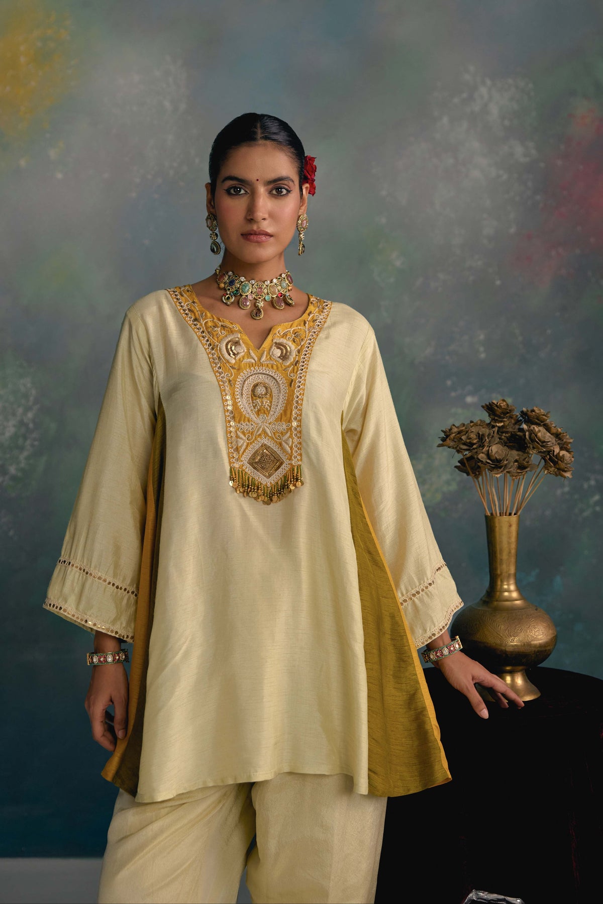 Aks Ivory Yellow Color Bloc Co-ord Set
