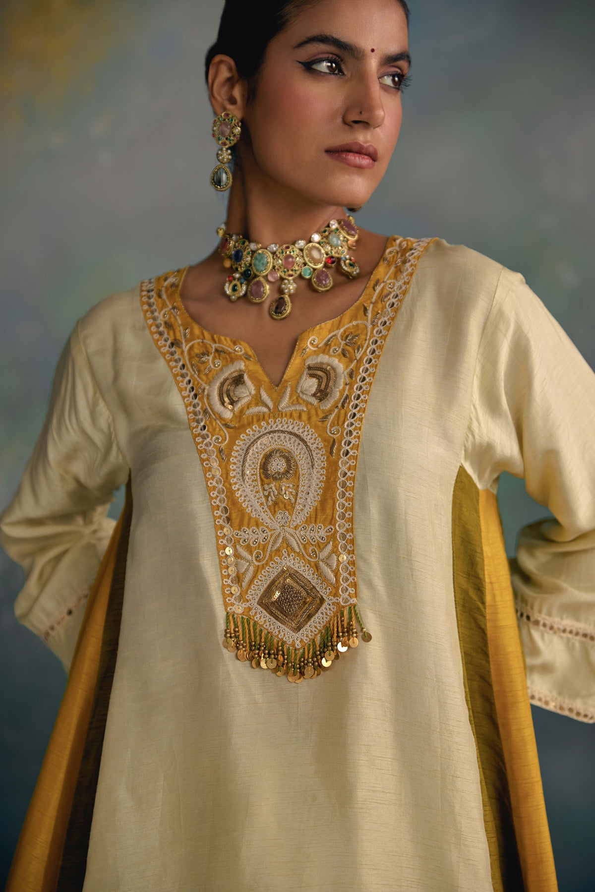 Aks Ivory Yellow Color Bloc Co-ord Set
