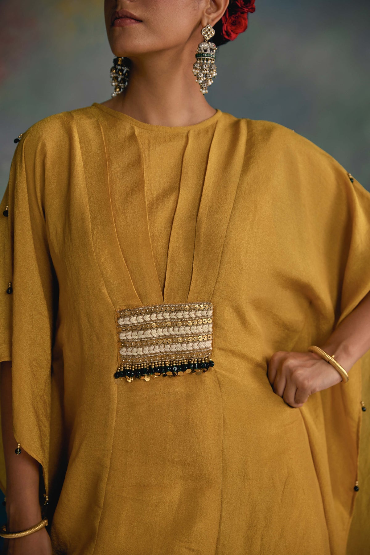 Aks Mustard Yellow Belted Kaftan
