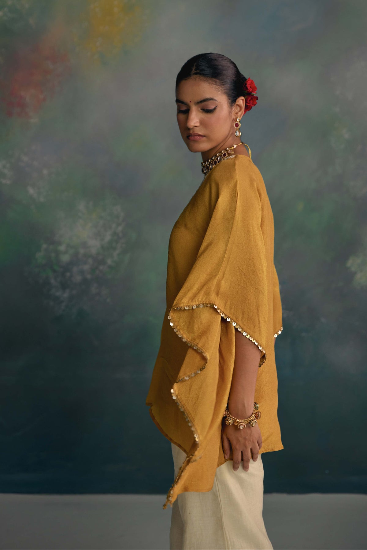 Aks Mustard Tissue Kaftan Co-ord Set
