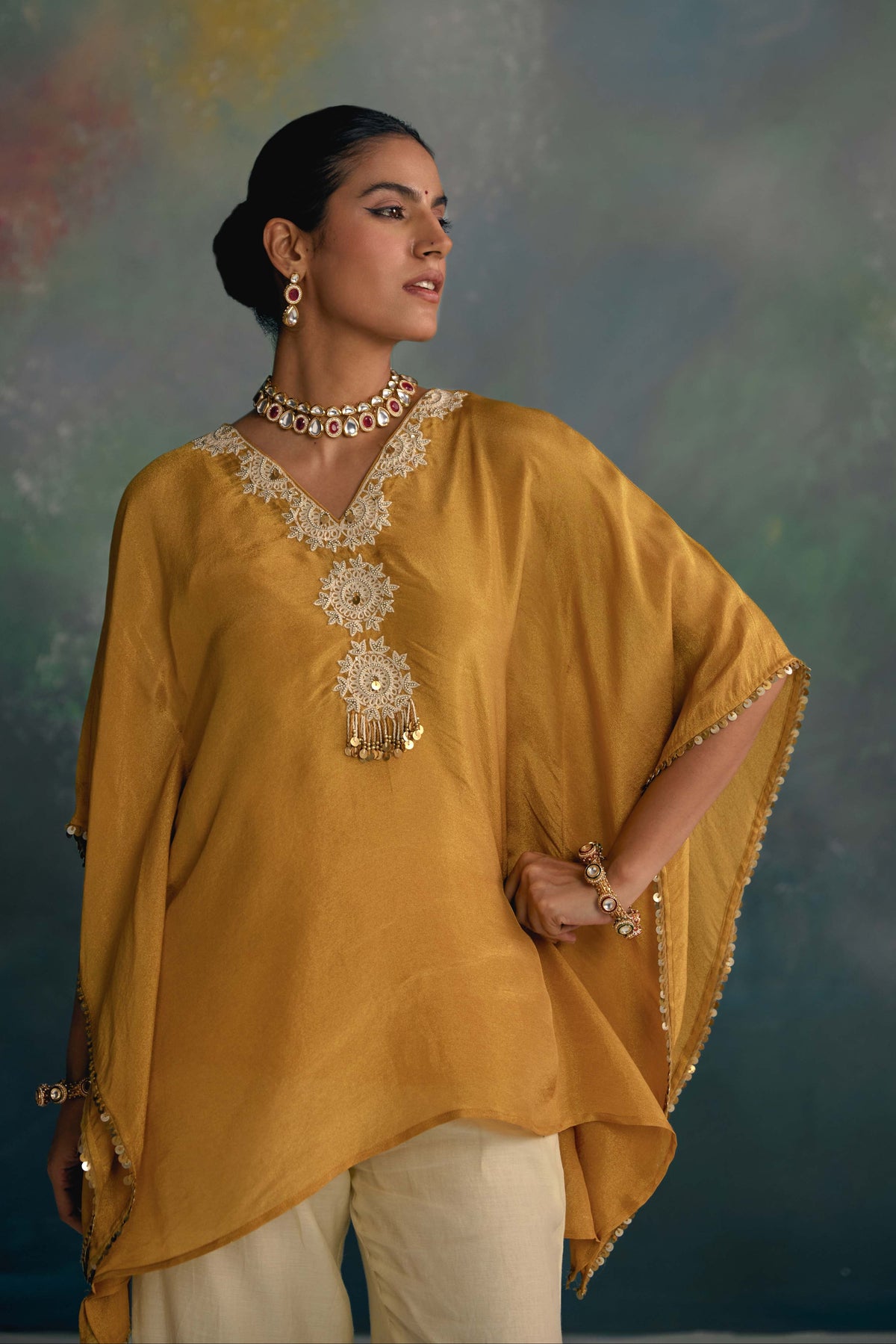 Aks Mustard Tissue Kaftan Co-ord Set