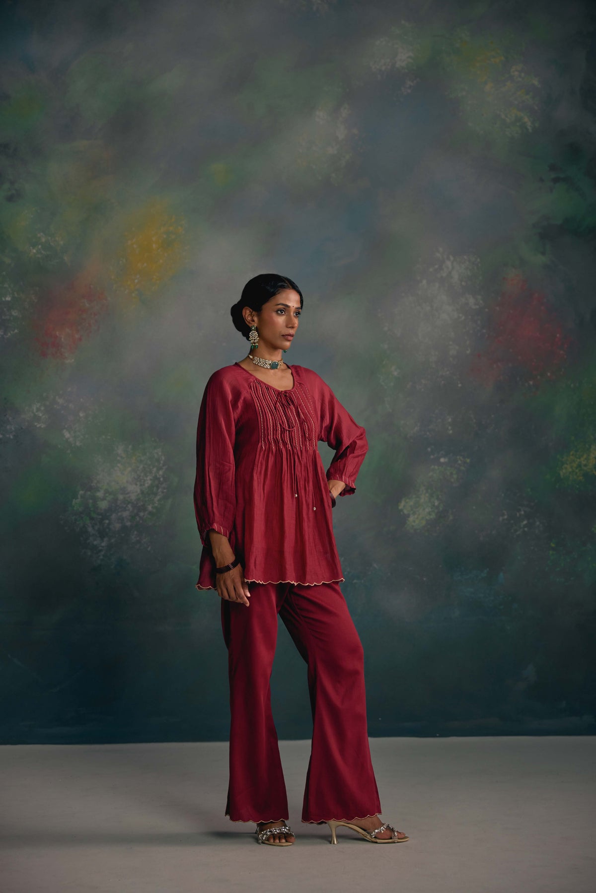 Aks Maroon Pintuck Co-ord Set