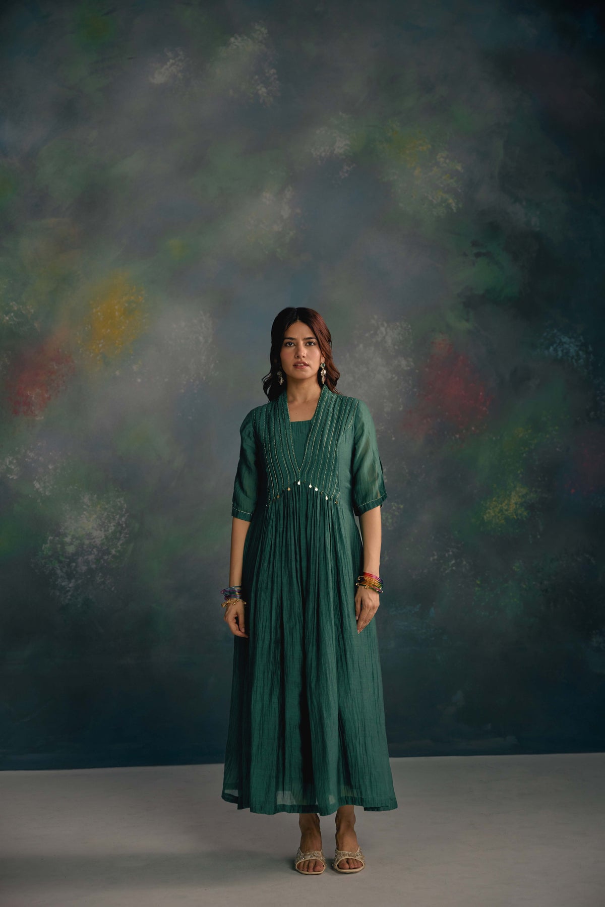 Aks Emerald Green Pleated Dress