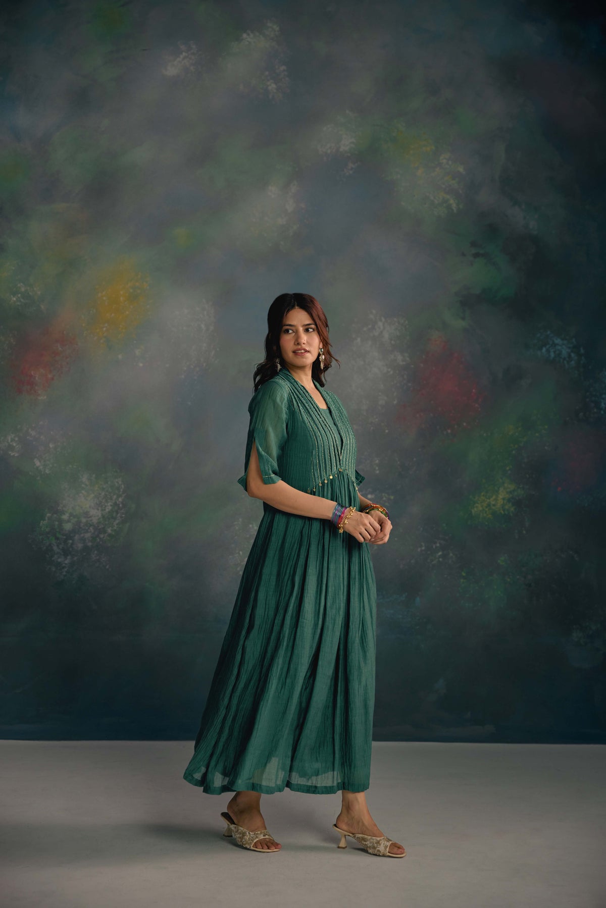 Aks Emerald Green Pleated Dress
