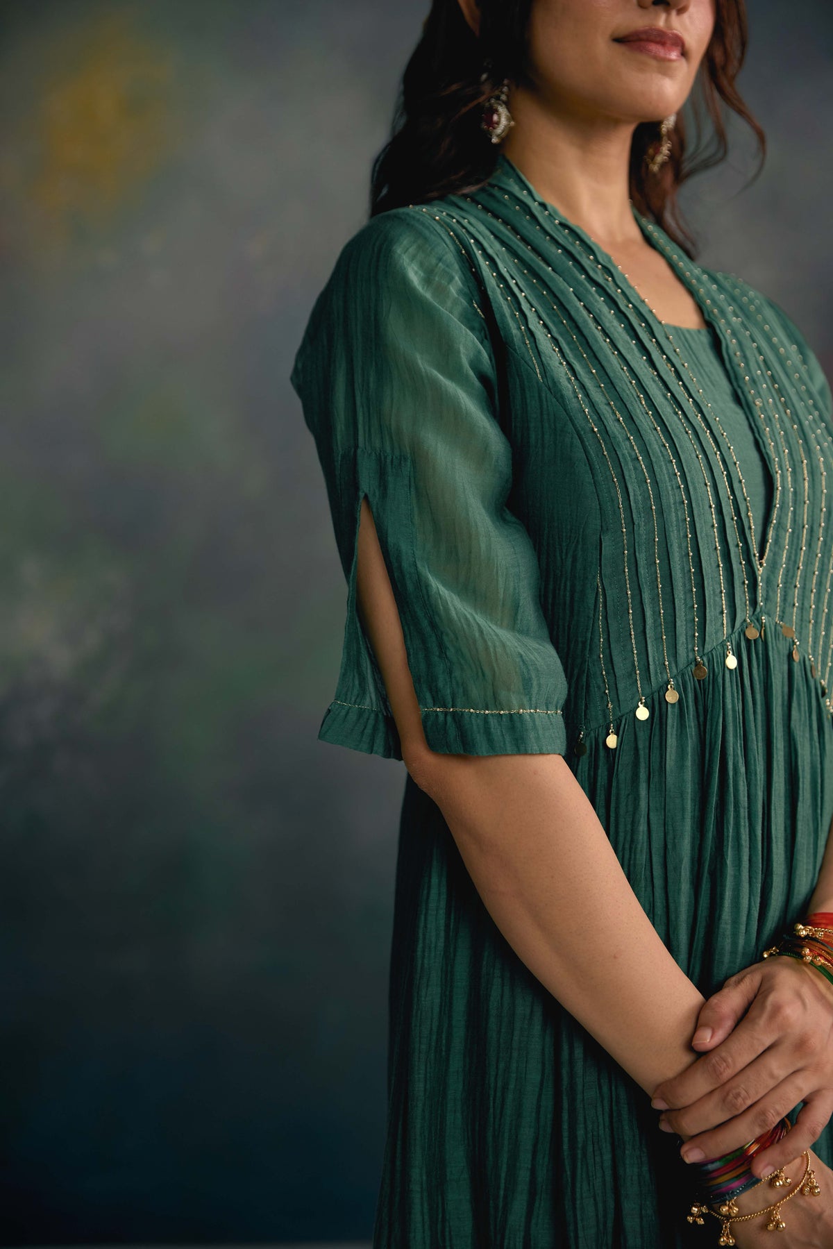 Aks Emerald Green Pleated Dress