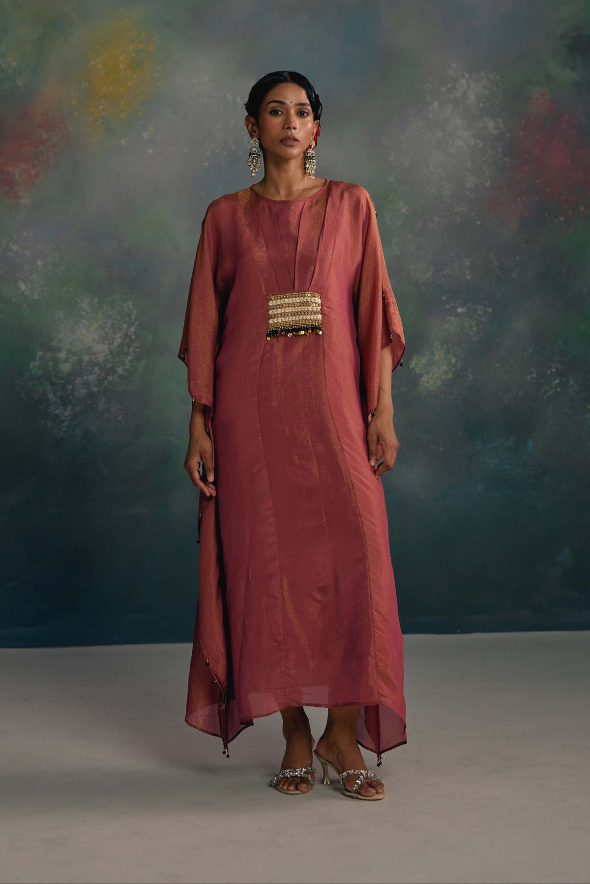 Aks Maroon Belted Kaftan