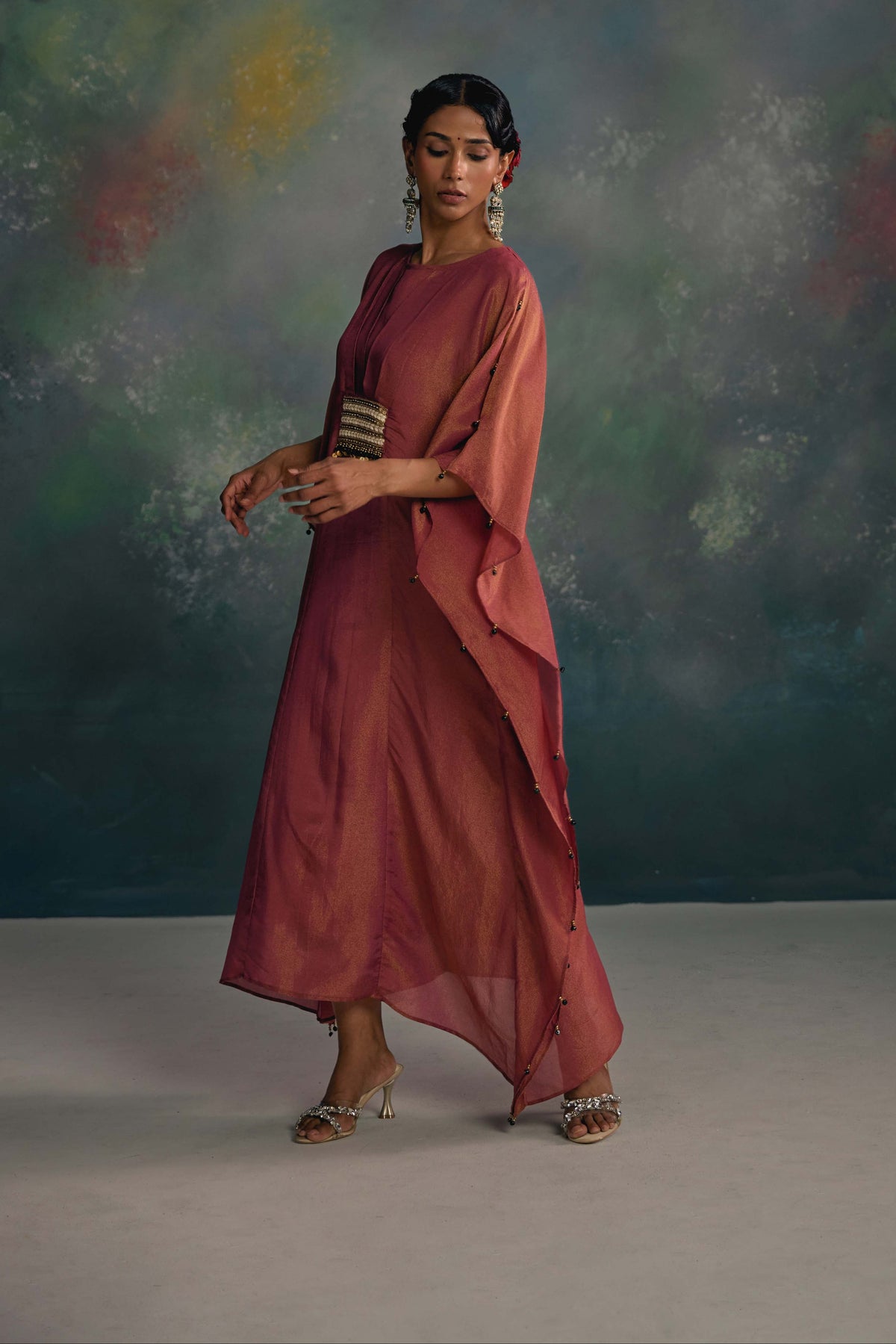 Aks Maroon Belted Kaftan