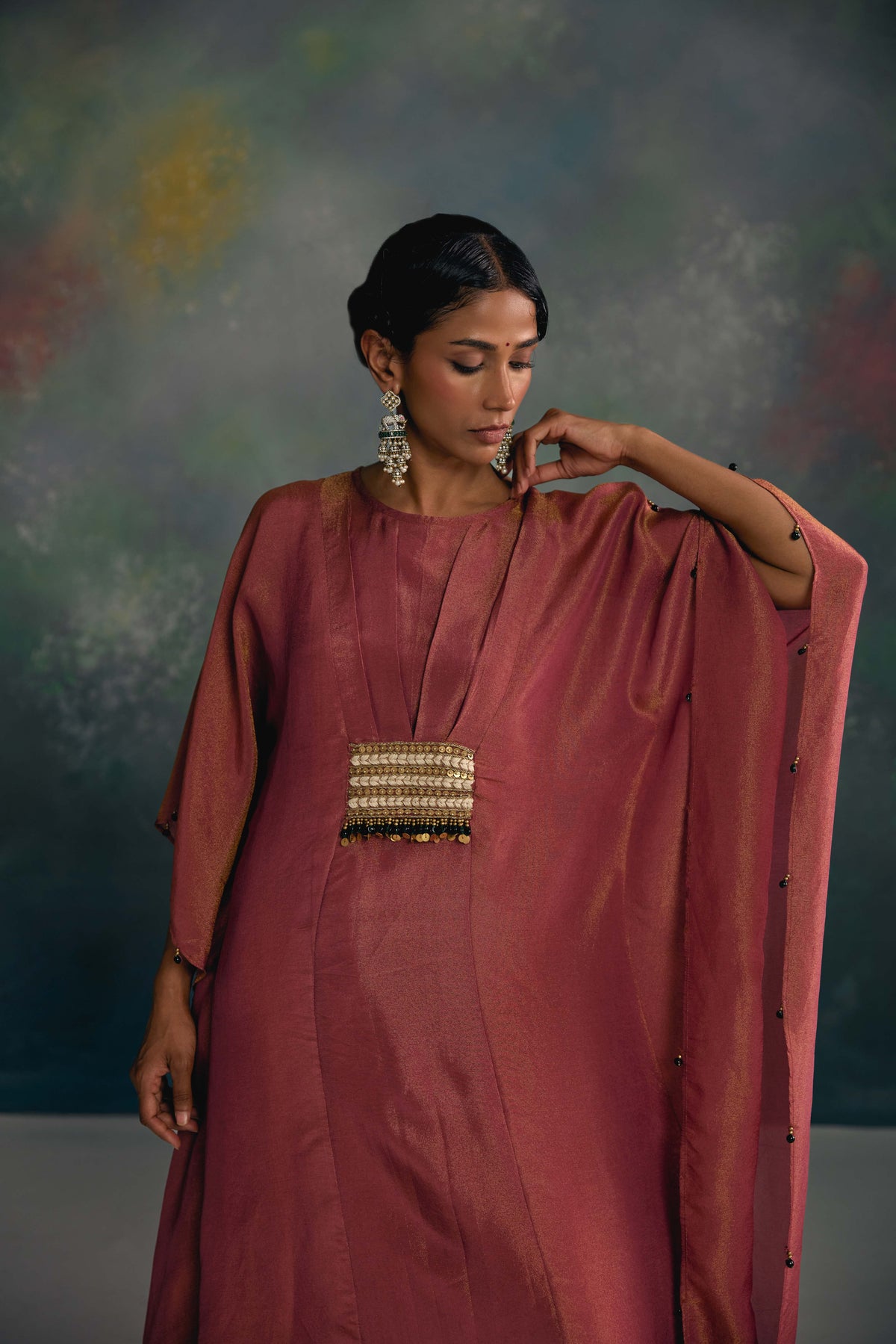 Aks Maroon Belted Kaftan