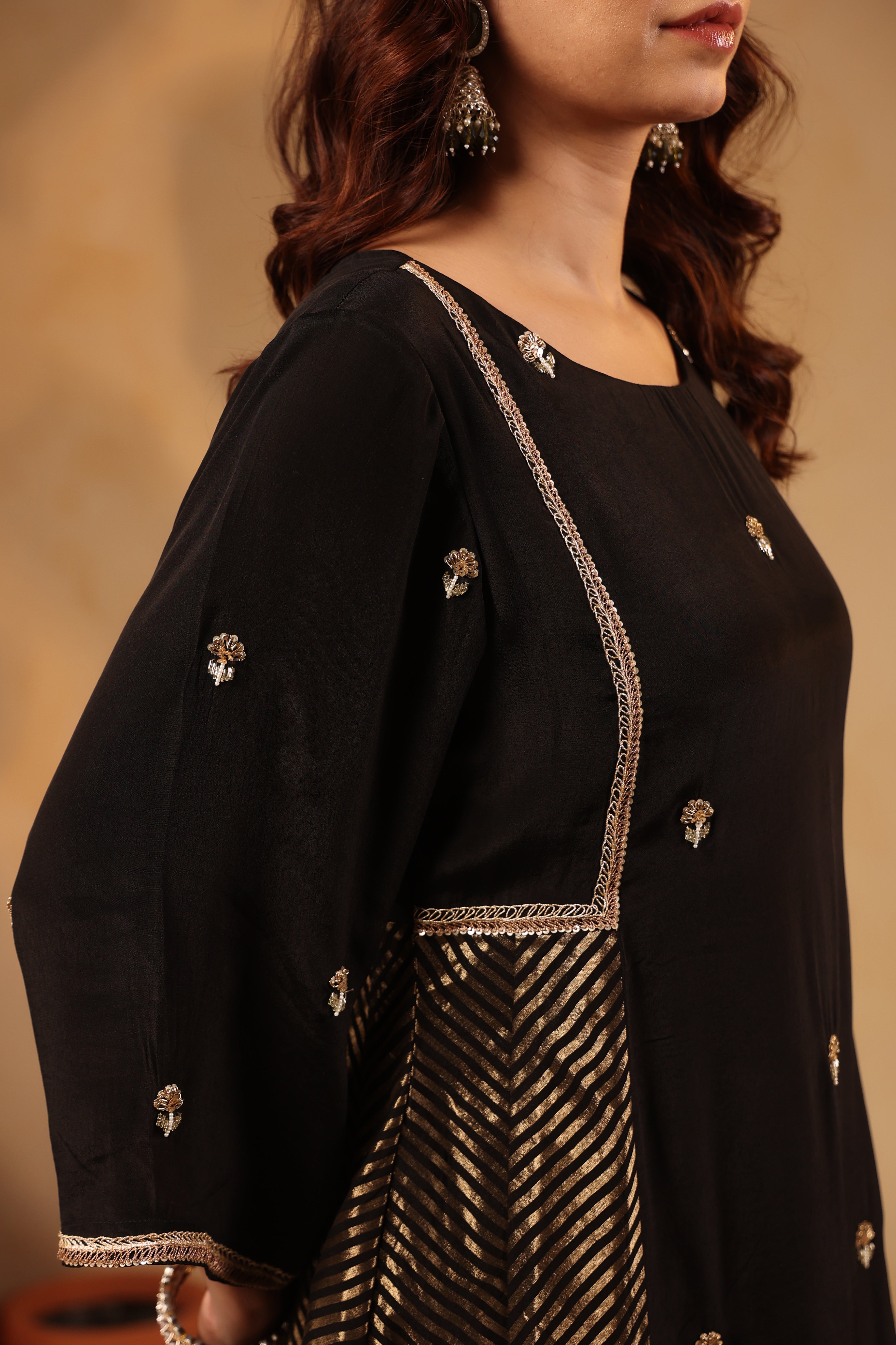 Saanjh Chevron Black Panel Kurta and Pant with Dupatta