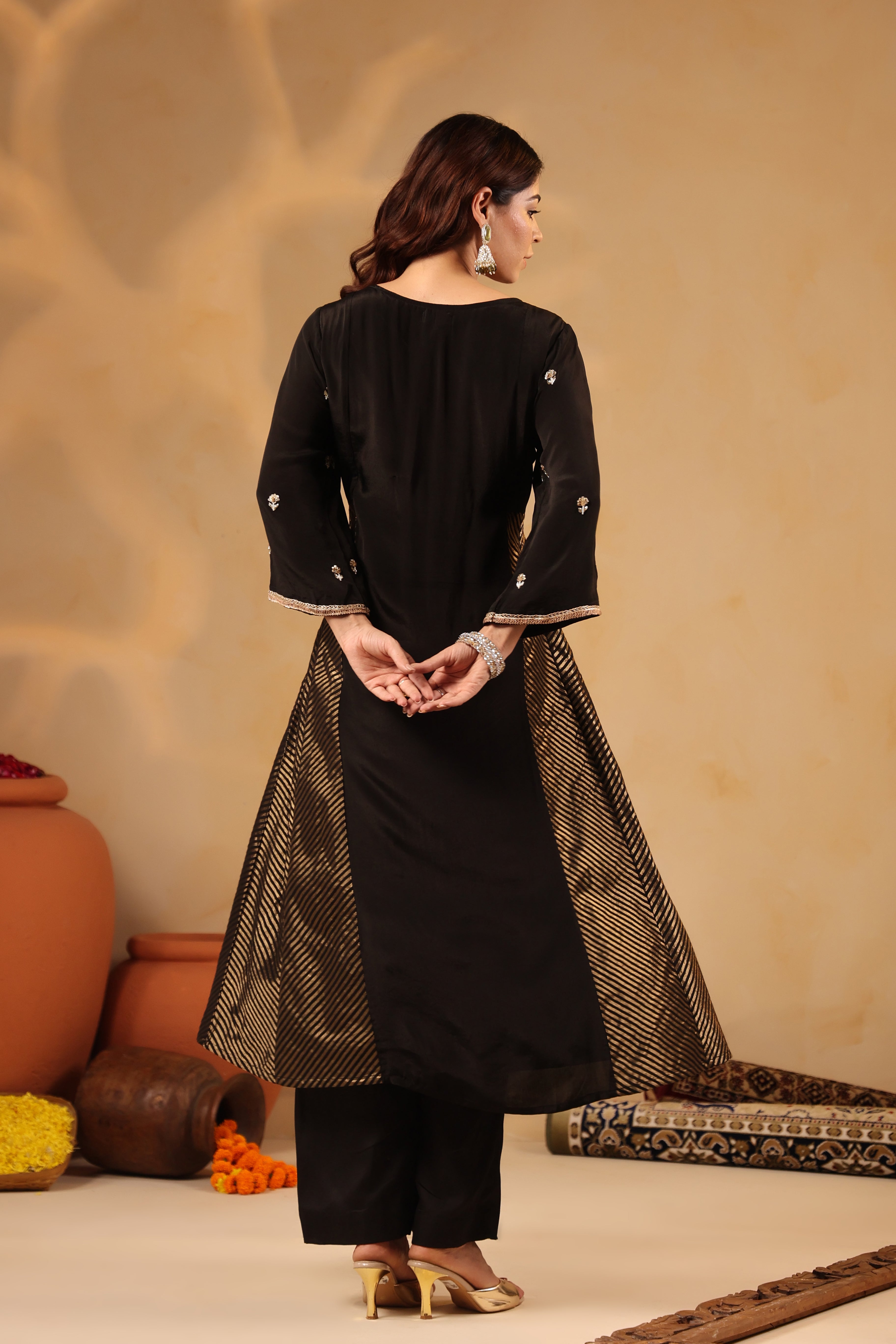 Saanjh Chevron Black Panel Kurta and Pant with Dupatta