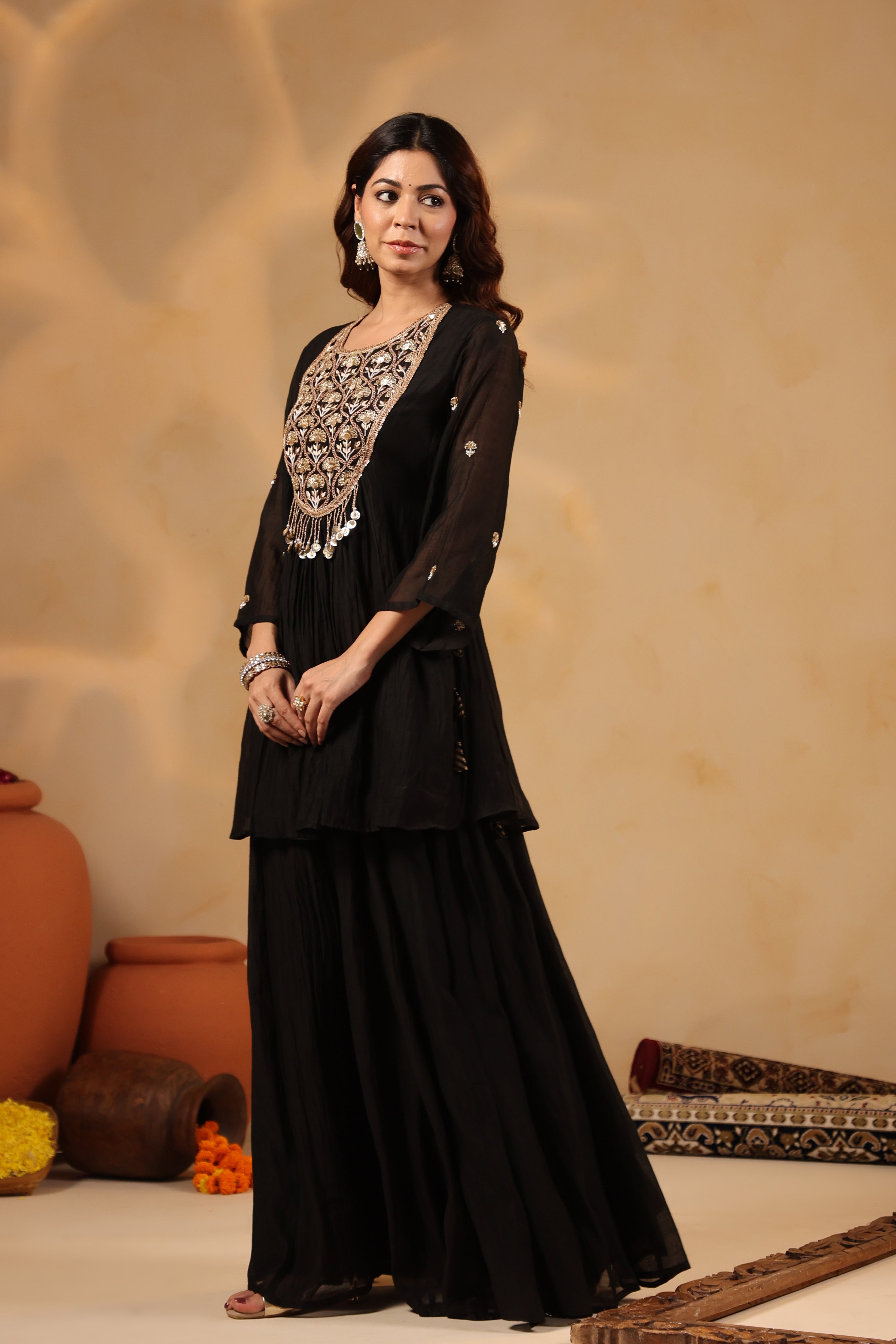 Black Yoke Embellished Sharara Set