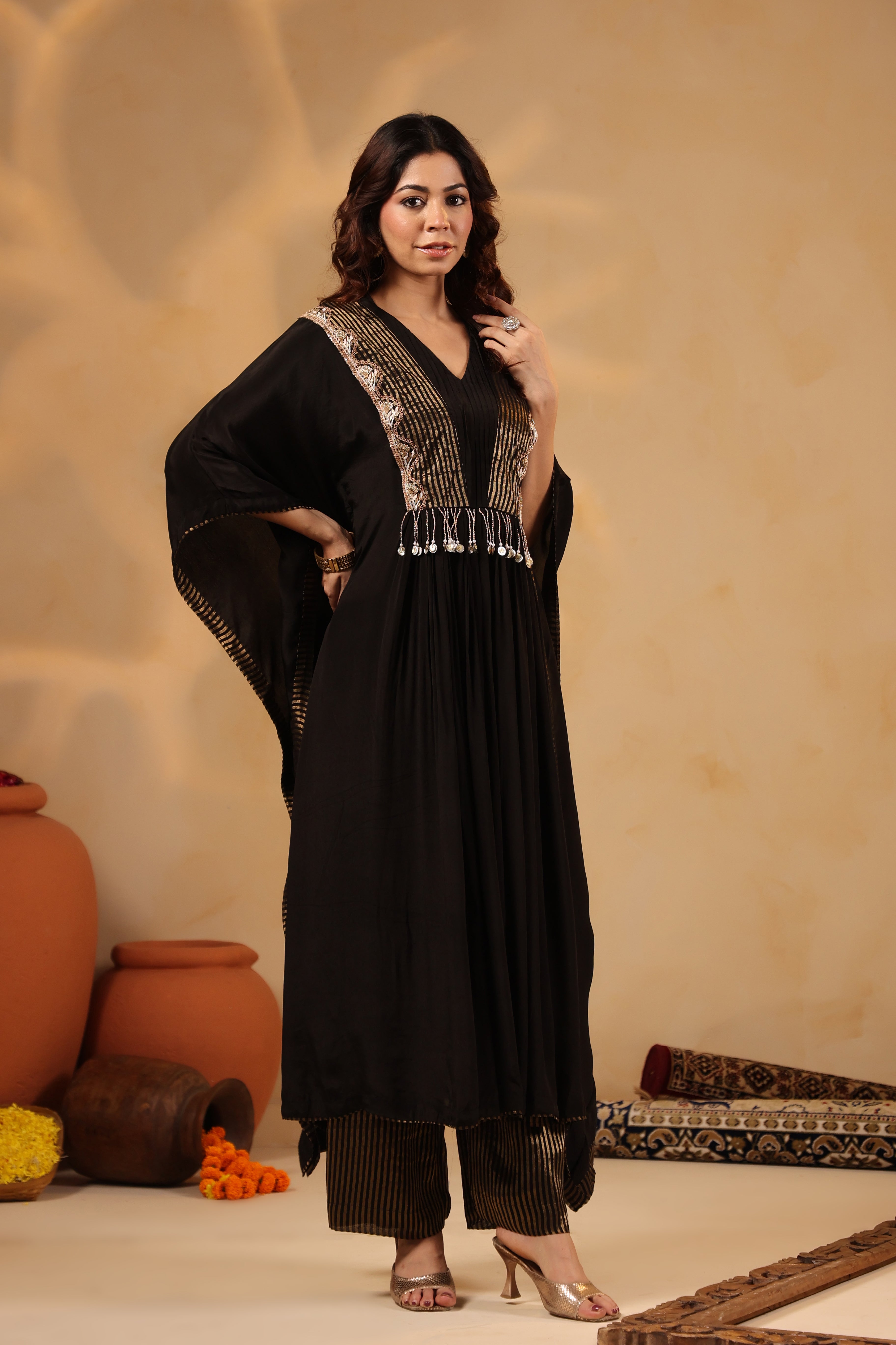 Black Embellished Kaftan with Pant Set